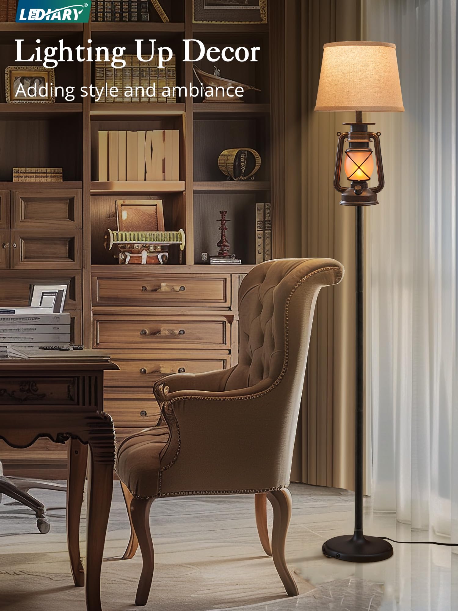 LEDIARY LED Flashing Flame Night Lantern Floor Lamp, Rustic Bronze with Beige Linen Shade, Perfect for Living Room & Bedroom Decor