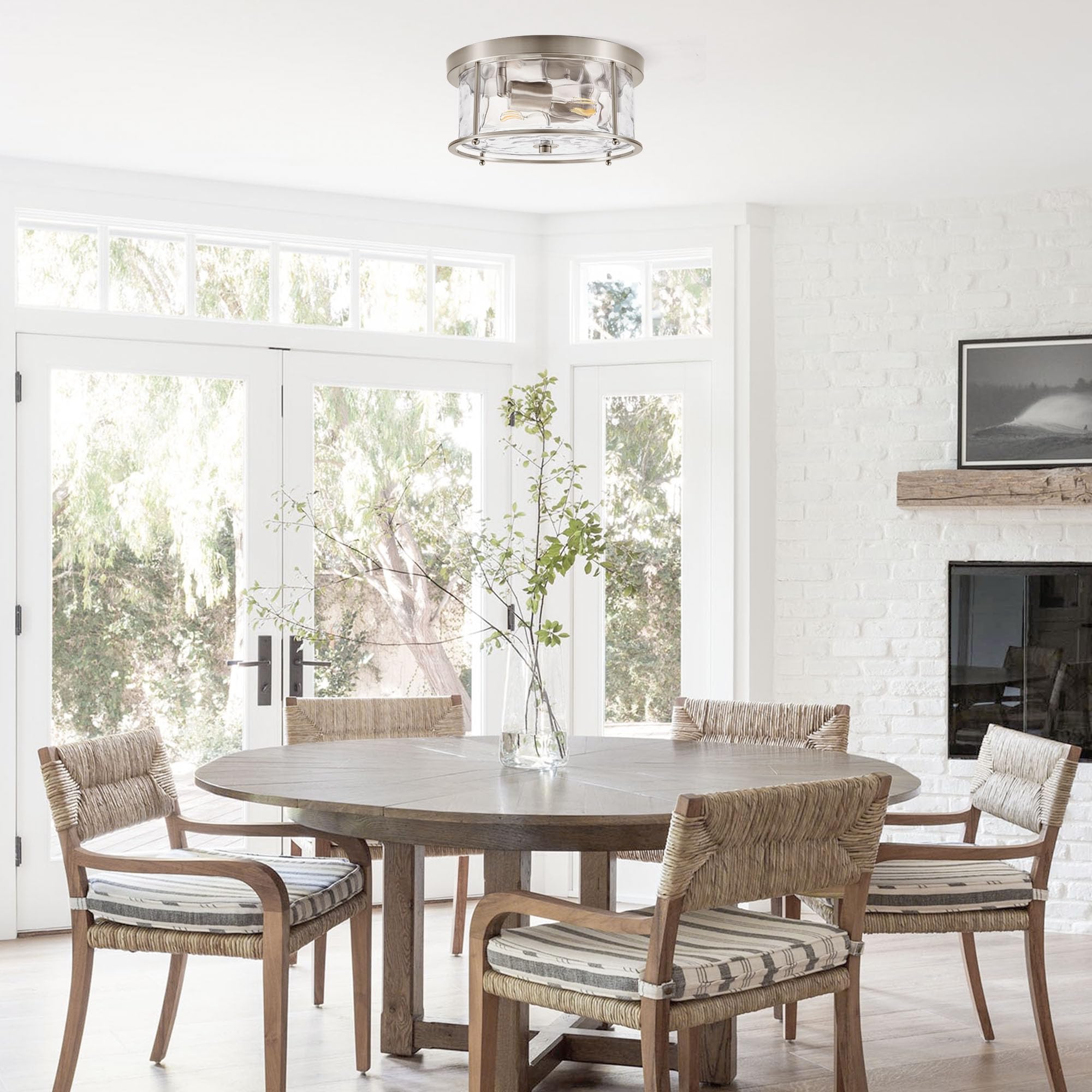 LamQee Flush Mount Ceiling Light, 2-Lights, Hammered Glass, Brushed Nickel, Model 06FTL0284ANK, Industrial Farmhouse Style