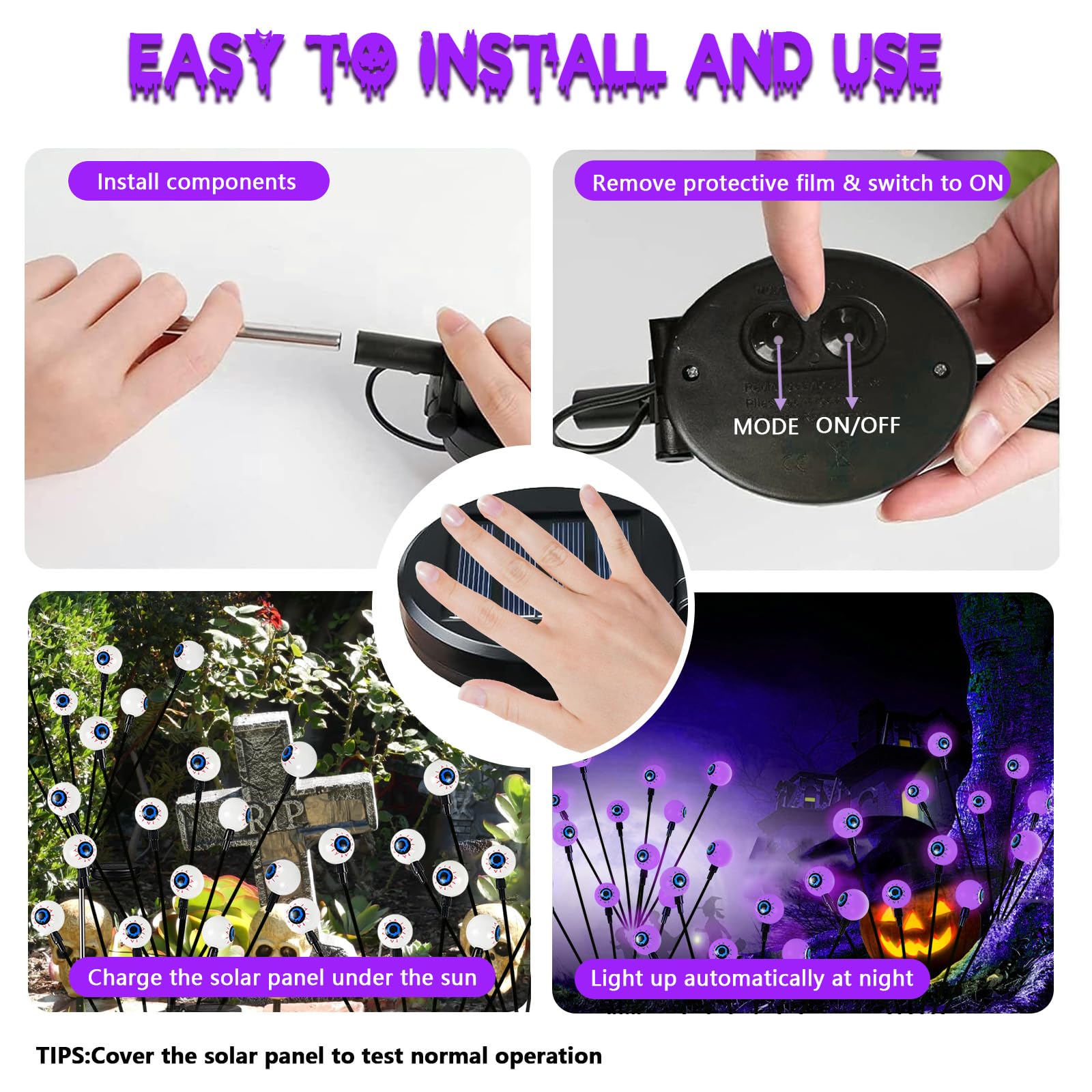 YIQU Solar Halloween Lights - 6 Pack 36 LED Purple Eyeball Lights, Waterproof with 2 Modes for Garden Pathway Decorations