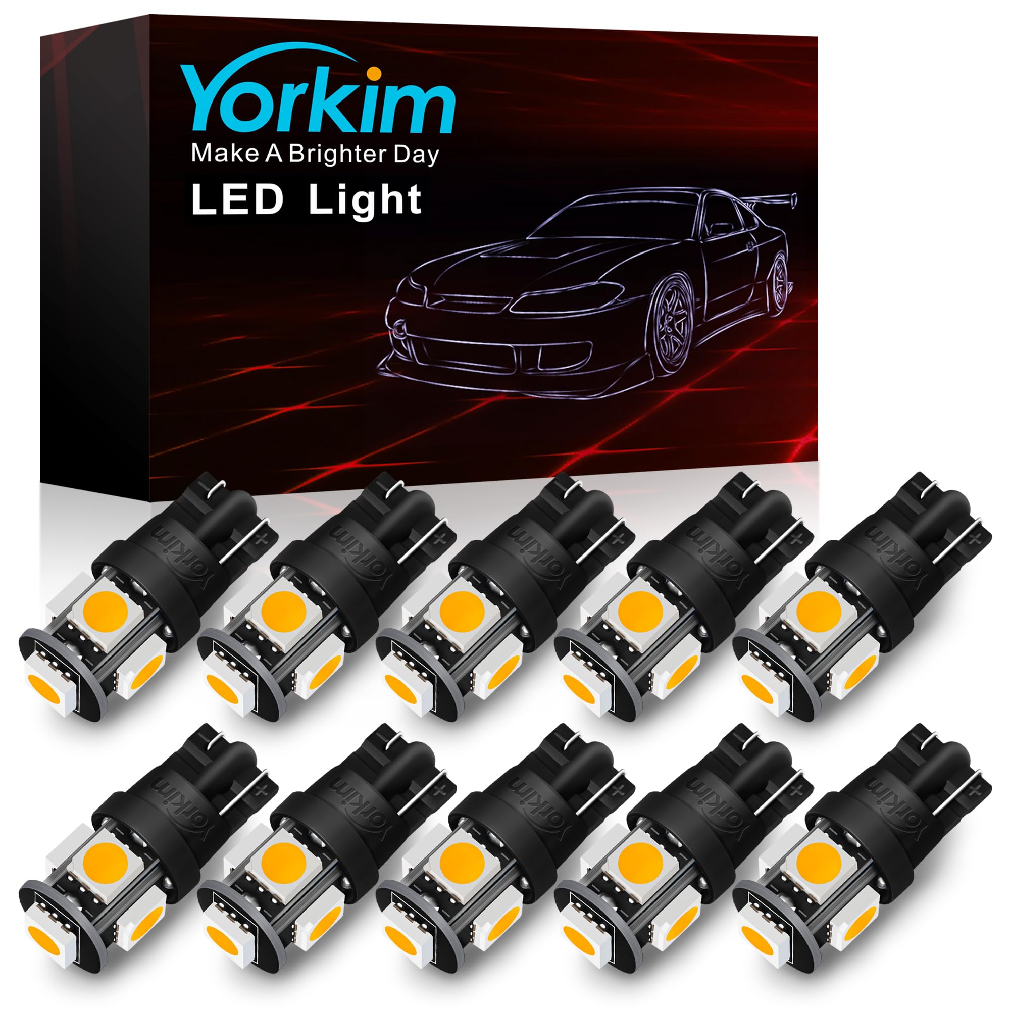 Yorkim T10 194 LED Bulbs Pack of 10, Warm White, 168 Size for Car Interior Dome License Plate Lights