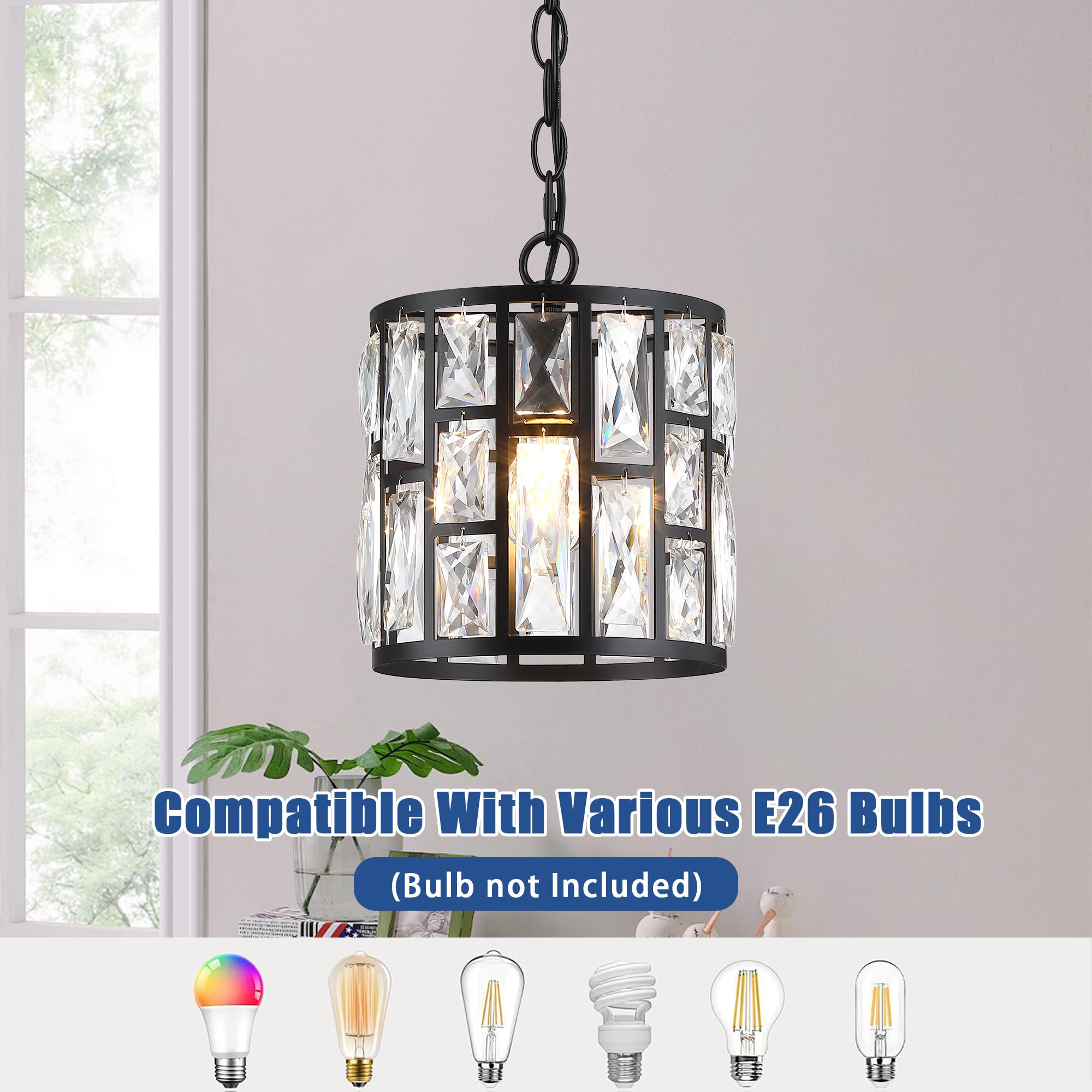 Modern Crystal Pendant Light,Black Chandelier Light Fixture, Cylinder Adjustable Height Pendant Lights For Kitchen,Dining Room,L