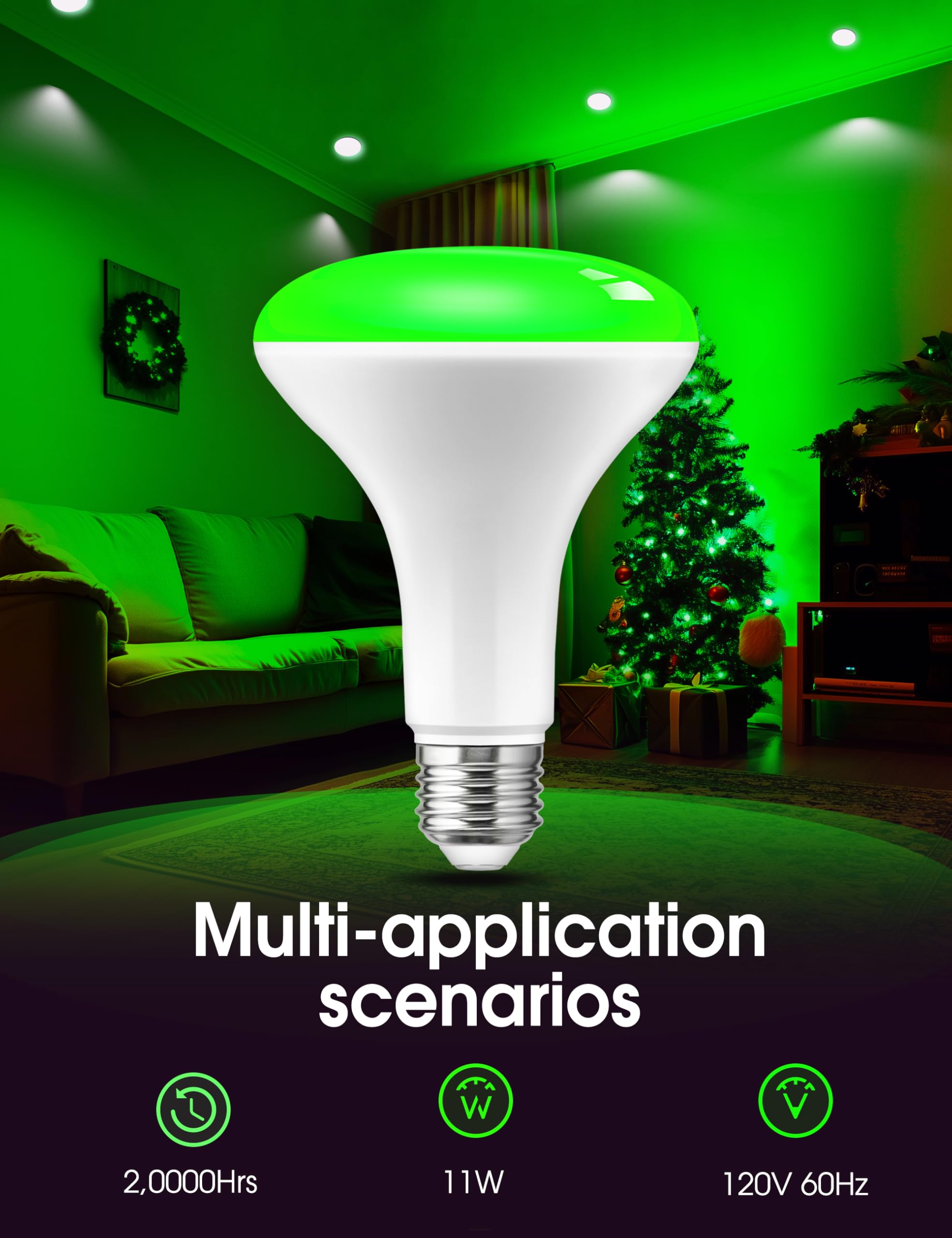 L Lohas Led Christmas Green Flood Light Bulbs, Christmas Led Br30 Pure Green Flood Light Indoor 65W Equivalent, 11 Watt Colored