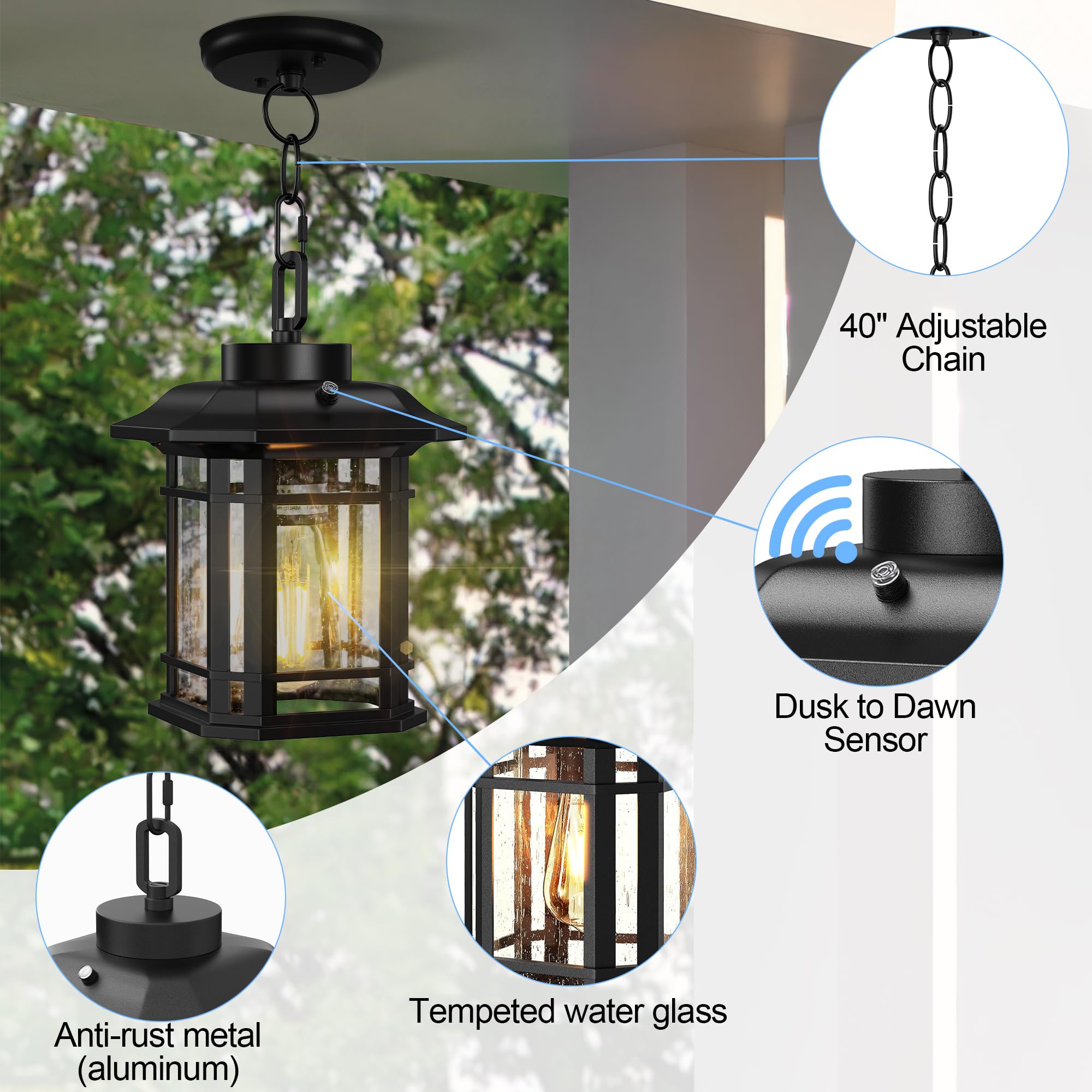 WIHTU Dusk to Dawn Outdoor Pendant Light, Black Aluminum Hanging Fixture, Adjustable Chain, Model WTCL085AB1, Ideal for Porch and Patio