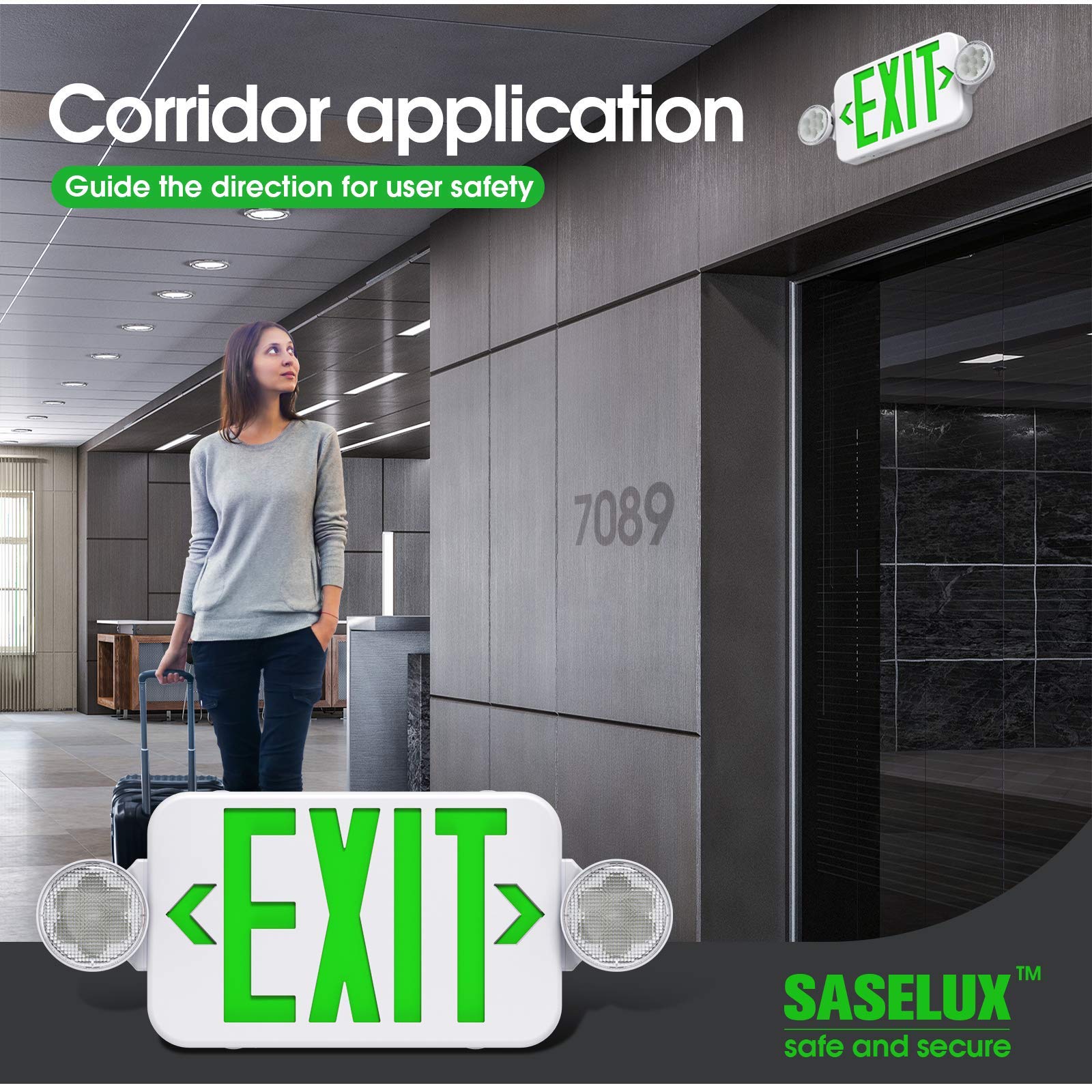 Saselux Green Led Exit Sign Emergency Light Combo Adjustable Two Head, Double Sided And Battery Backup Exit Light, Contractor Se