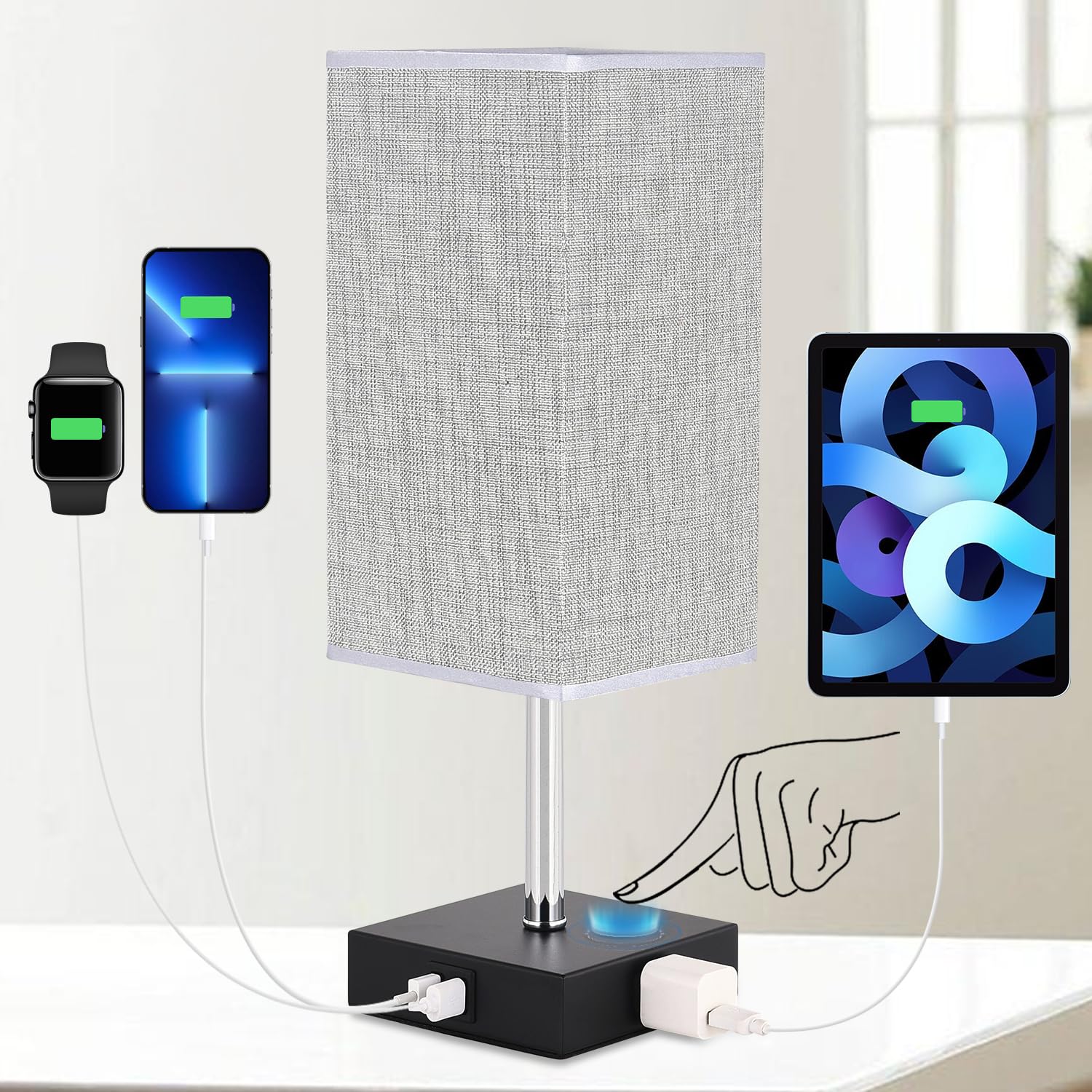 Woderdeng Touch Control Bedside Lamp - 3-Way Dimmable Table Lamps with 2 USB Port and Outlet, Nightstand Lamp for Bedroom Decor 