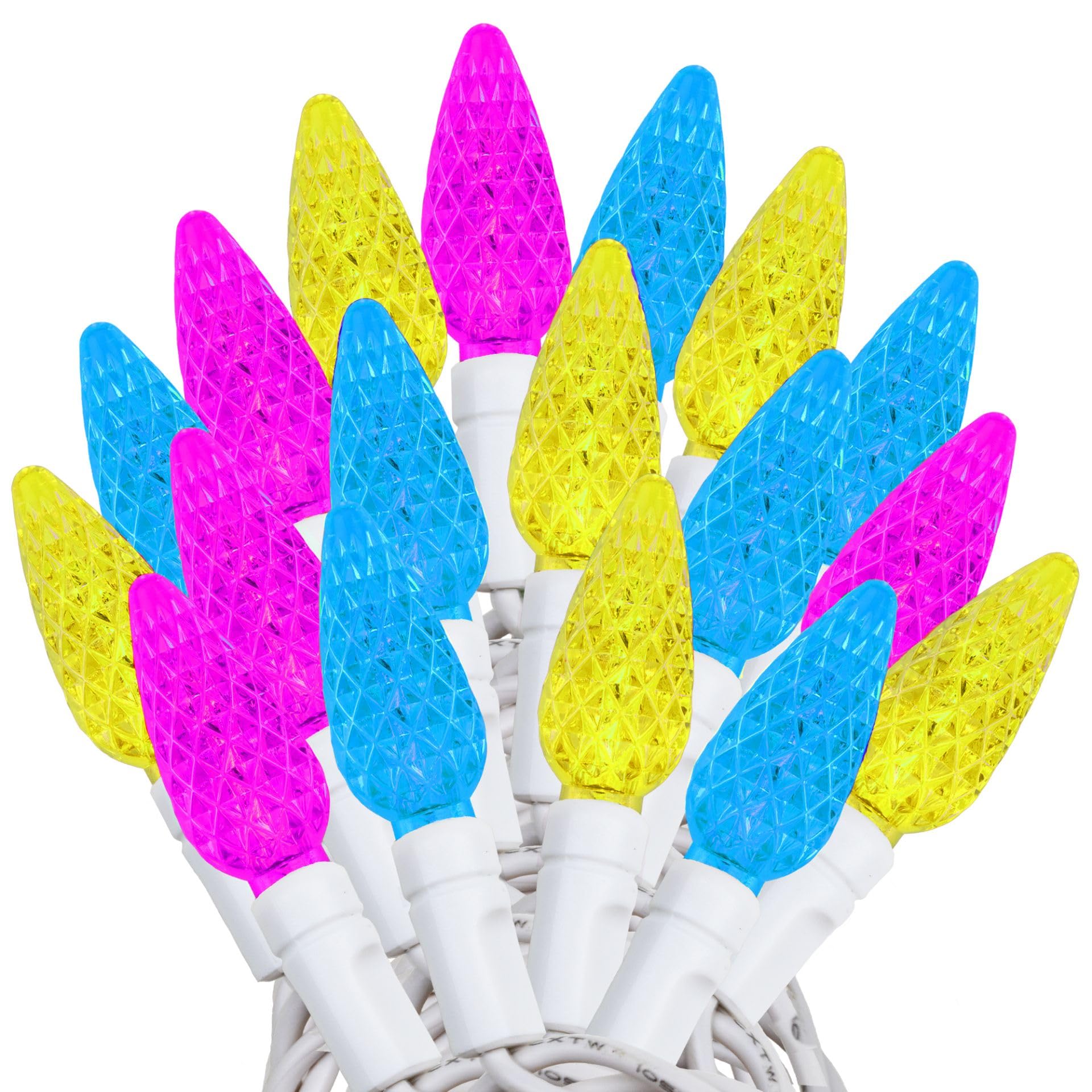 Novelty Lights 24FT 70 LED C6 Easter String Lights - Commercial Grade Outdoor Spring Tree Decorations (Yellow/Teal/Pink)