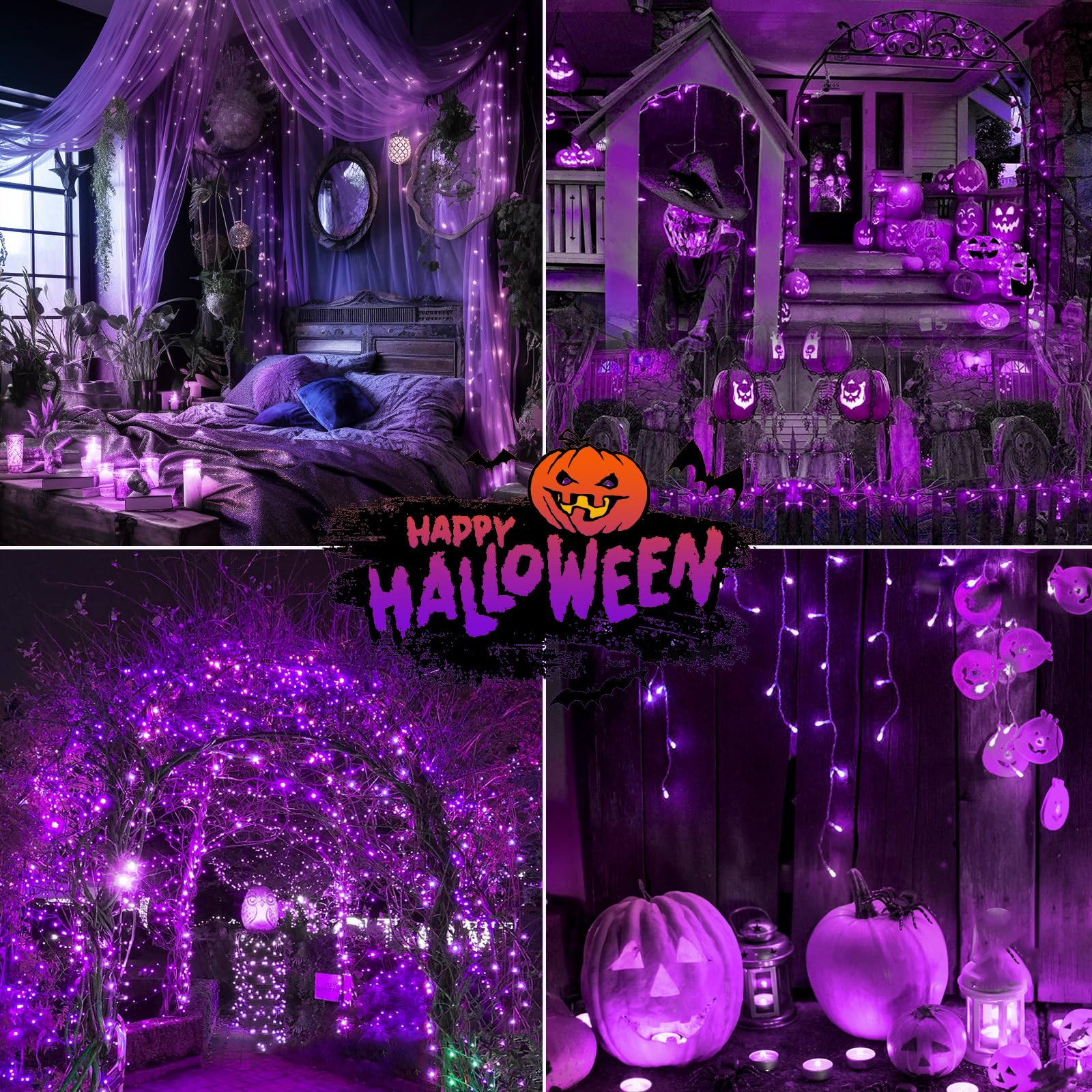 SANJICHA Purple LED Halloween String Lights, 66FT, 200 Lights, 8 Modes, Indoor/Outdoor Decorations