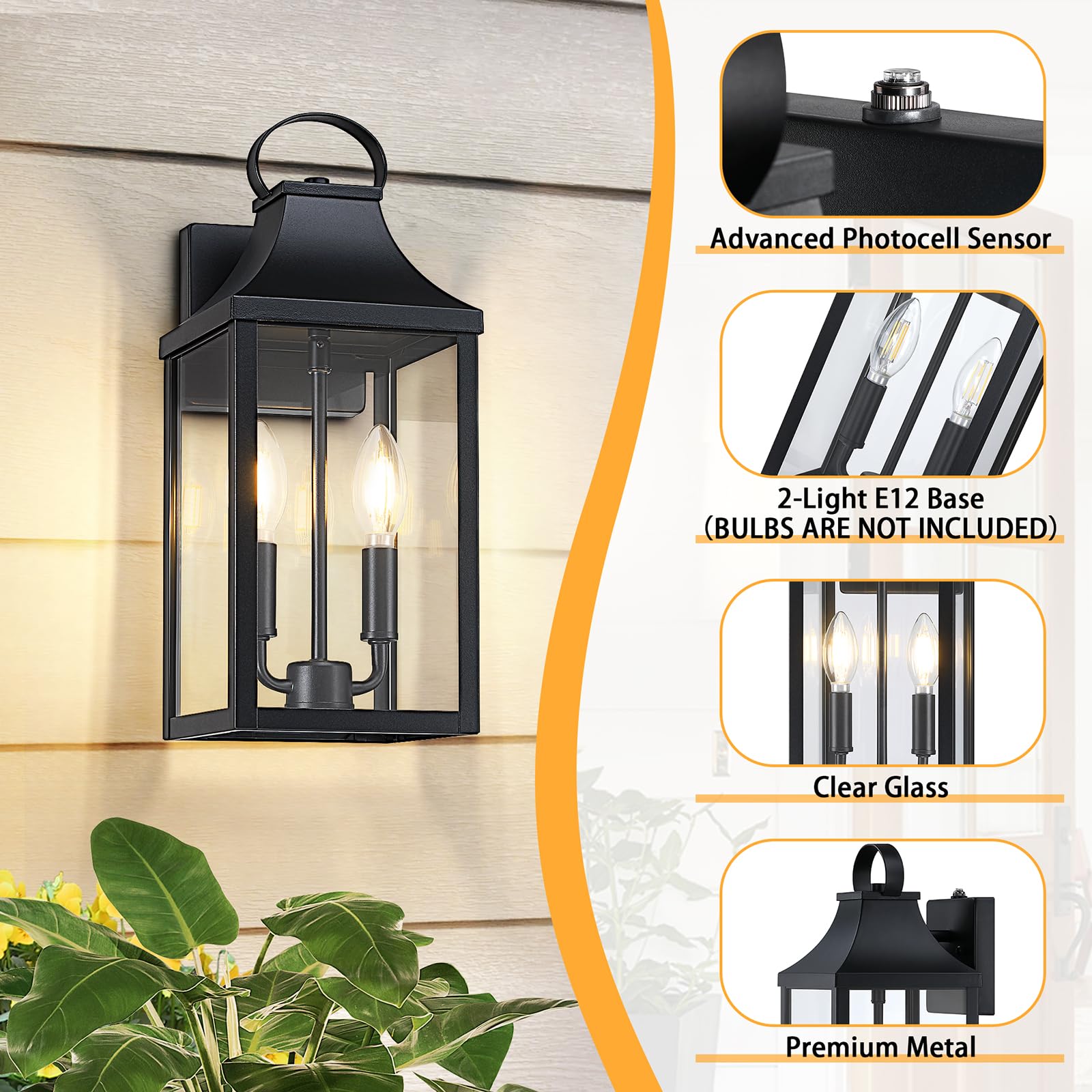 Myhxq 15&quot; Dusk To Dawn Black Outdoor Wall Lantern, Outside Modern Wall Sconce Light Fixture, Porch Light Wall Mount With E12 Socket And Glass, Waterproof Exterior Lamp Lighting For Patio Garage, 1Pack