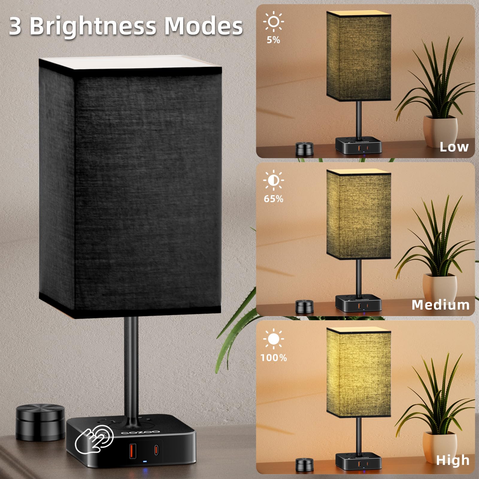 Cozoo Table Lamp with Remote Control, Dimmable, USB Charging, 2 AC Outlets, Standard Size, Black Shade, Model MC018S