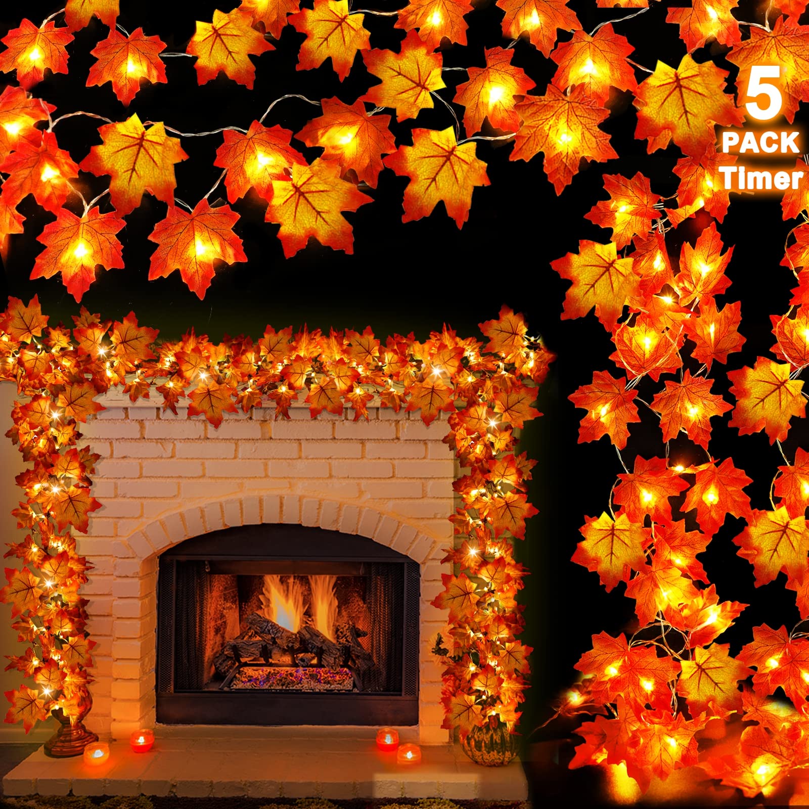 [ 5 Pack & Timer ] Fall Thanksgiving Decor Fall Garland Lights Total 100LED 50Ft Enlarged Maple Leafed String Lights Autumn Fall Decorations for Home Battery Operated Halloween Decor Indoor Outdoor