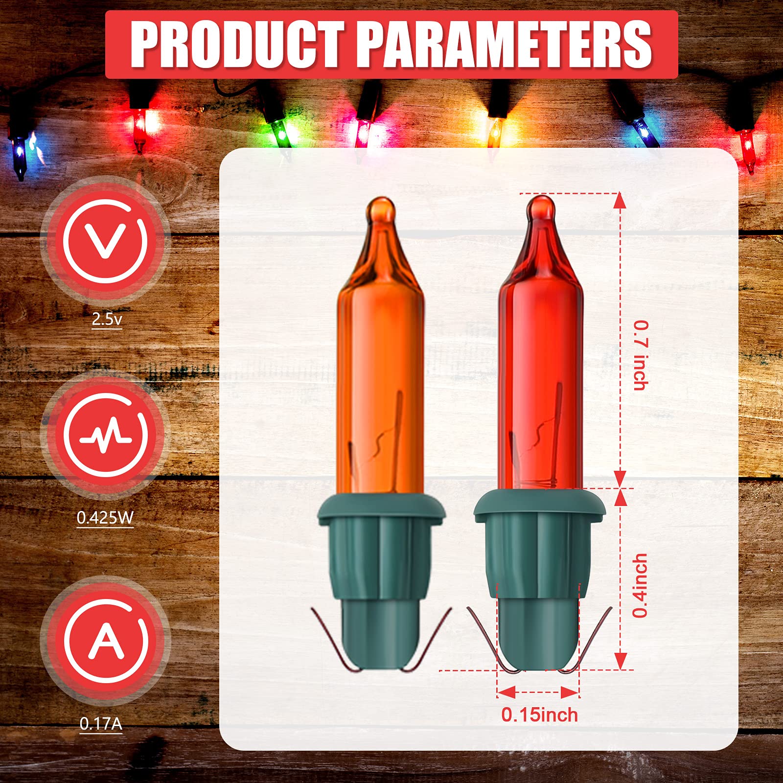 Mudder Christmas Mini Light Bulbs, Incandescent Glass, 50 Count, Red/Orange/Green/Blue/Yellow, 2.5V, 0.17A, Green Base
