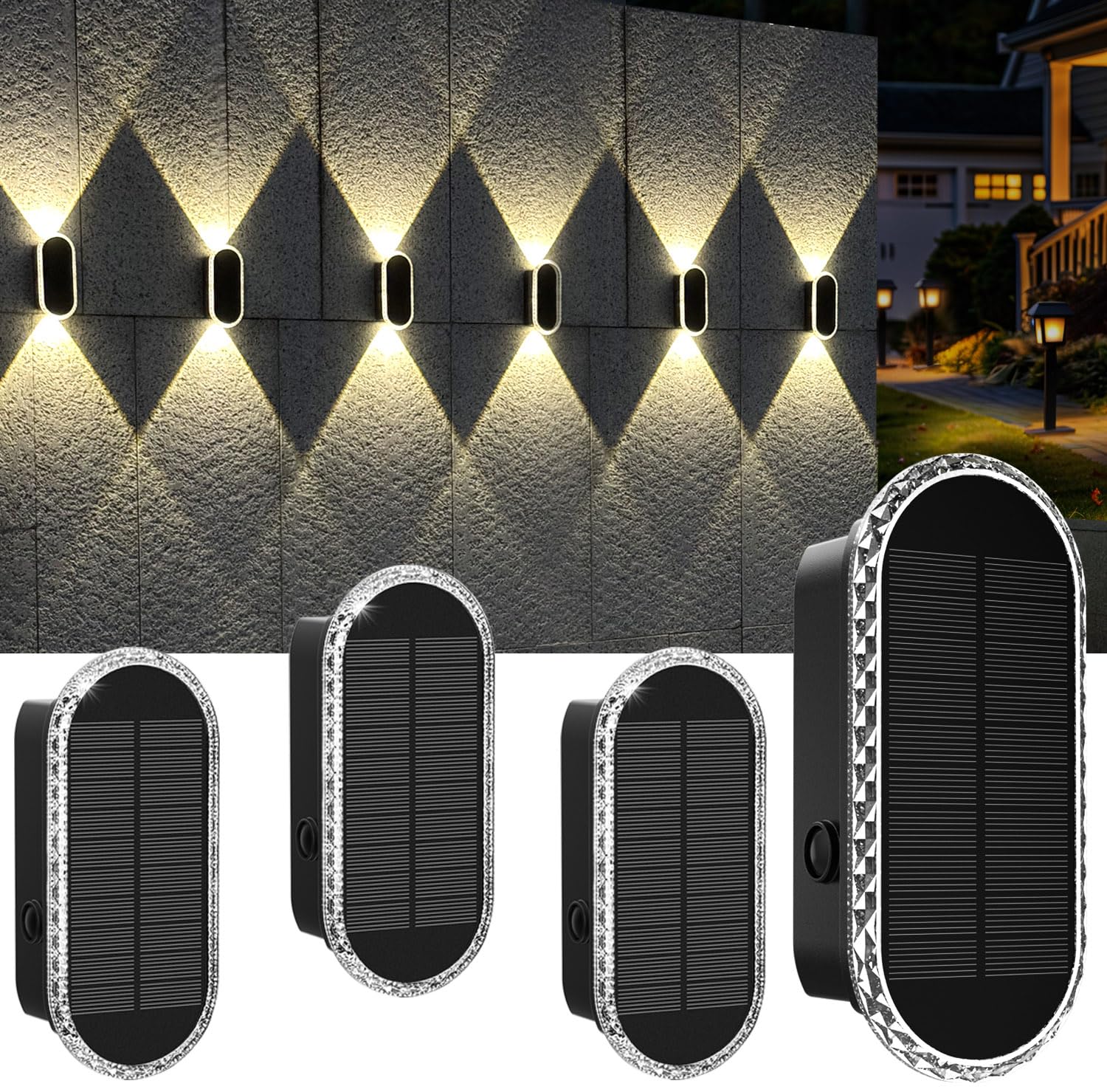 BlueYang Solar Fence Lights, 3 Modes, Waterproof, 4PK, Dual-Head, 3000K/4000K/6000K, Model 2403-4pk-W
