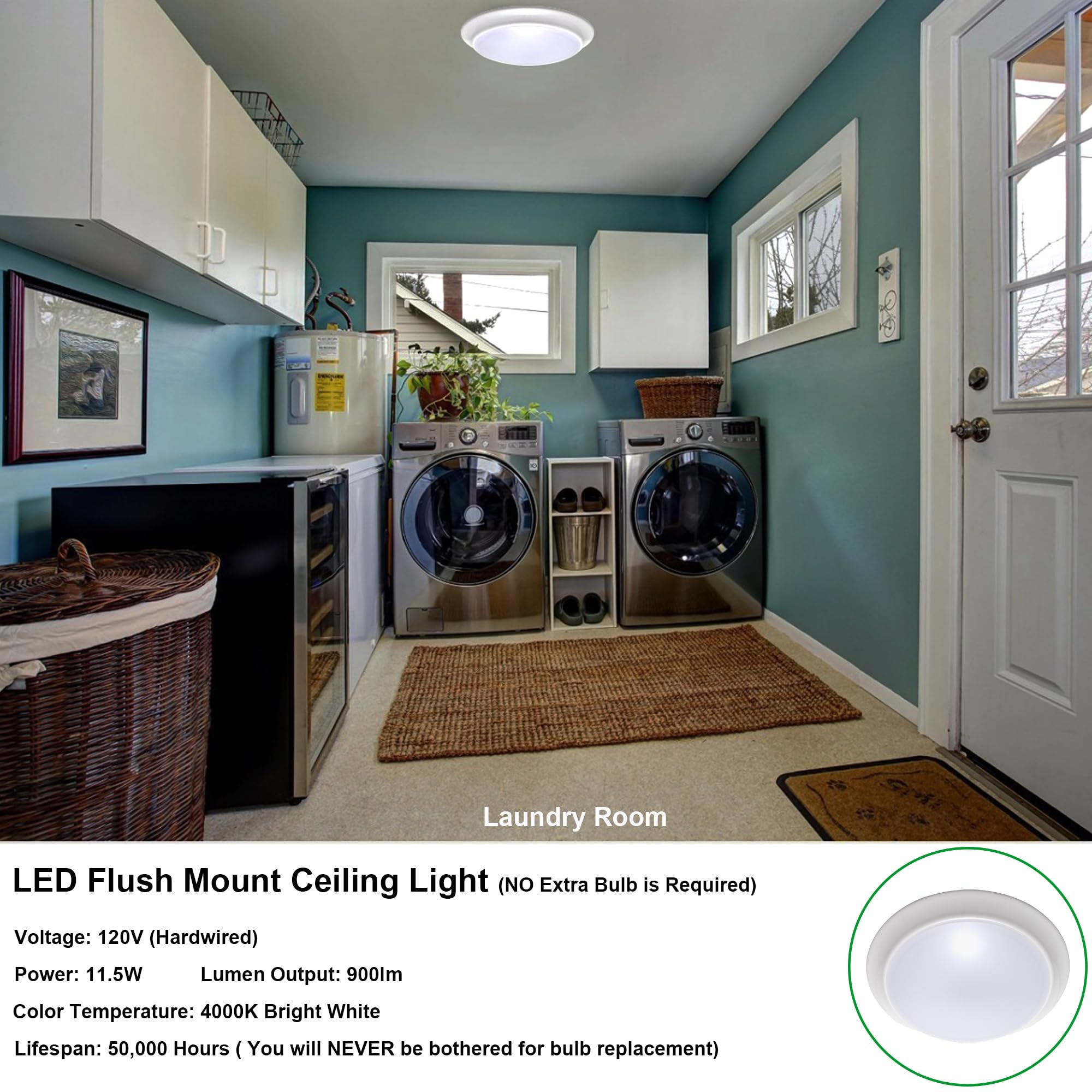 Lit-Path Led Flush Mount Ceiling Light, Dimmable 7 11.5W, 900 Lumen, Aluminum, 4000K, 2-Pack, Damp Location