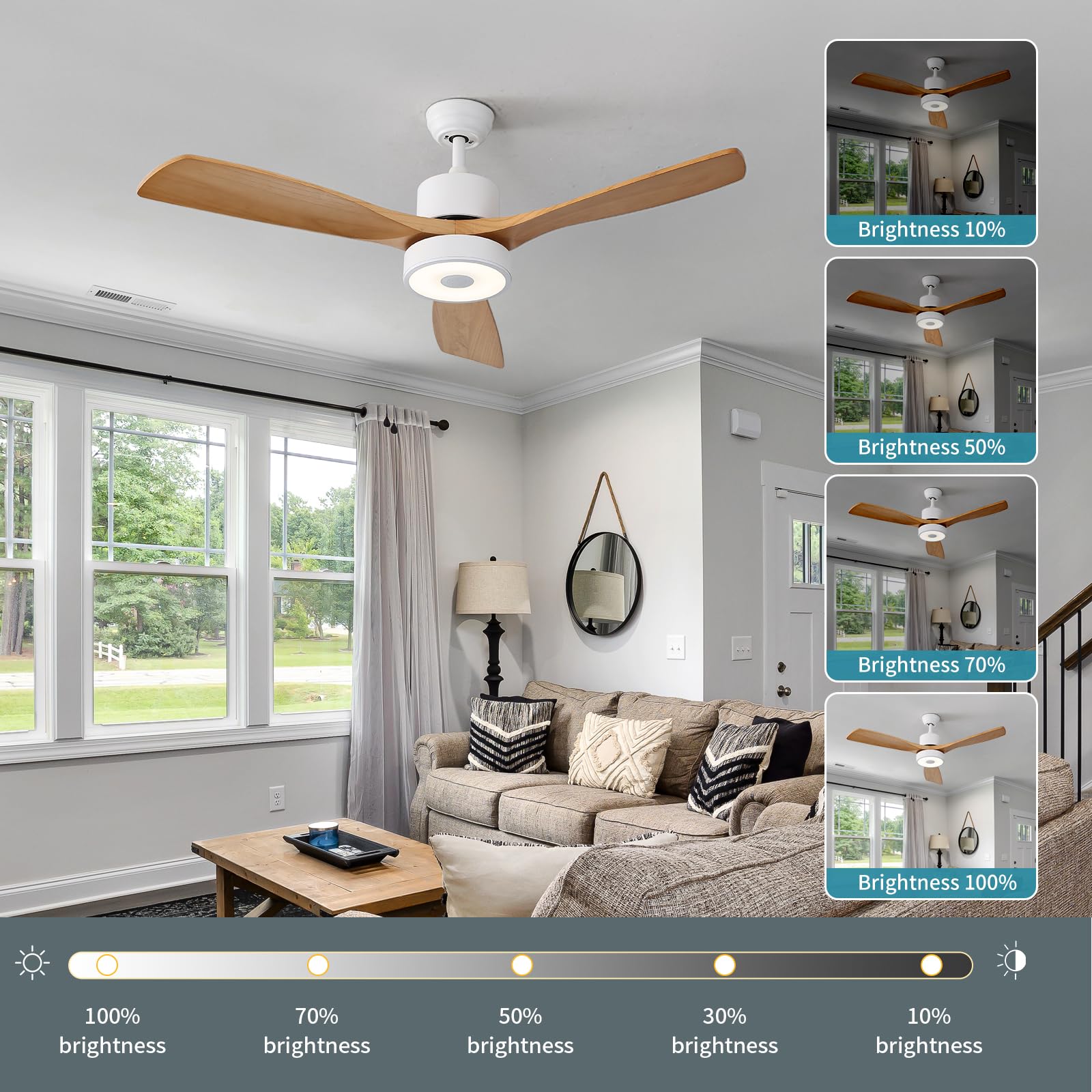 Asall 52 Inch Wood Ceiling Fan With Rgb Dimming Led Light,With Music Bluetooth Speaker,Remote Control,3-Speed Regulation, Reversible Motor,Timing,For Living Room,Bedroom,Restaurant,Outdoor