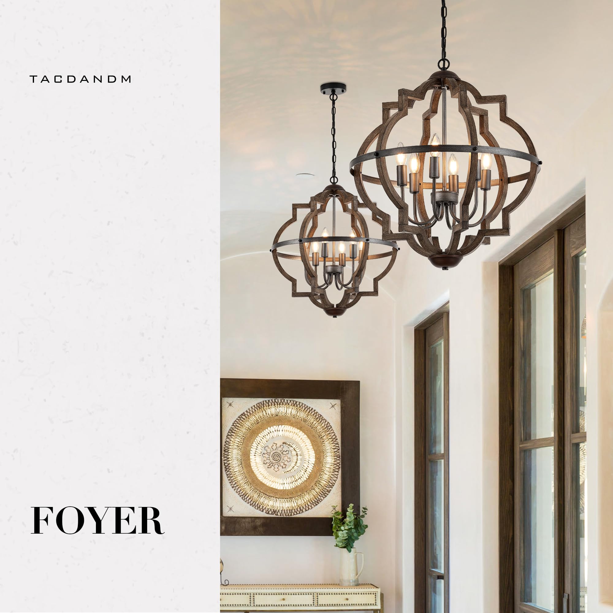 TACDANDM 6-Light Wood Farmhouse Chandelier, 23'' Vintage Rustic Pendant Light, Walnut Finish for Dining Room, Foyer, Kitchen