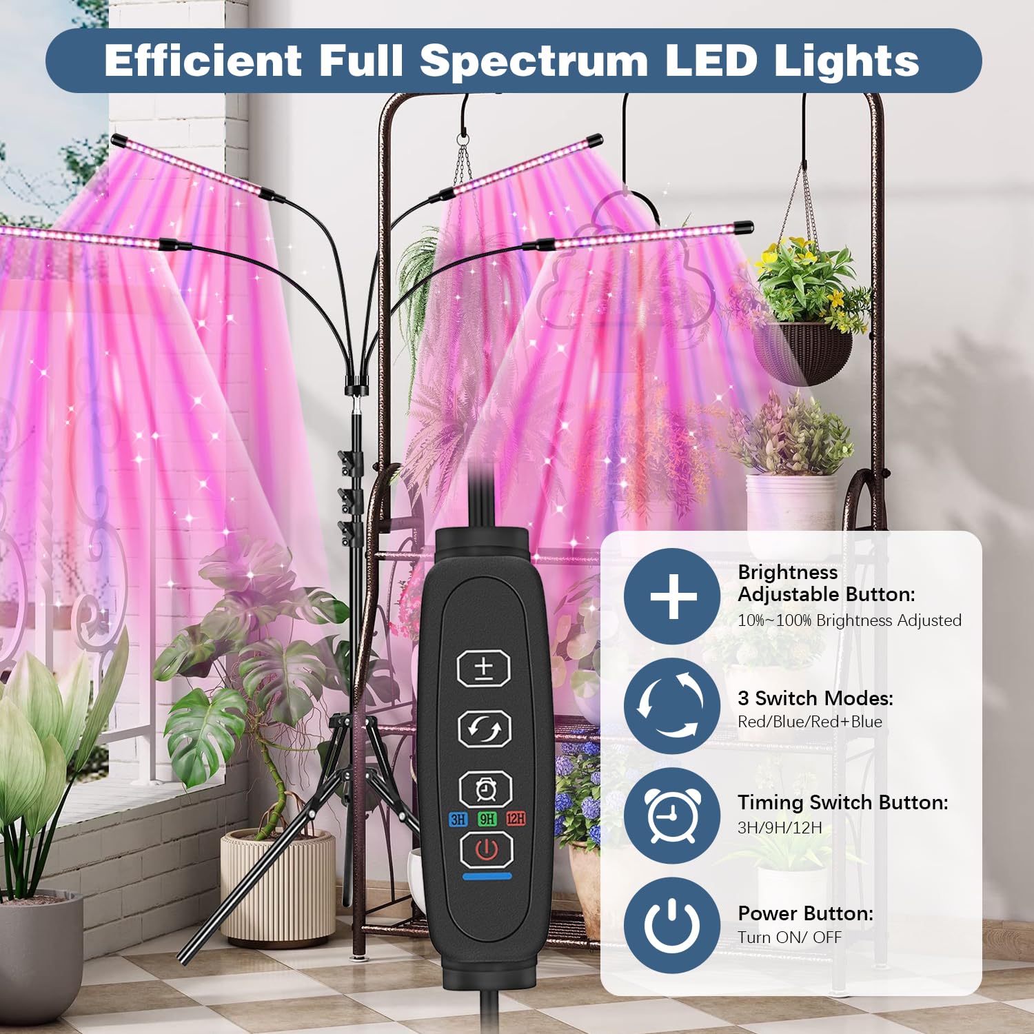 DKSPCM Grow Lights for Indoor Plants,4 Heads 6000K Red Blue Plant Light with 3/9/12H, Indoor Grow Lamp with Auto On/Off Timer Fu