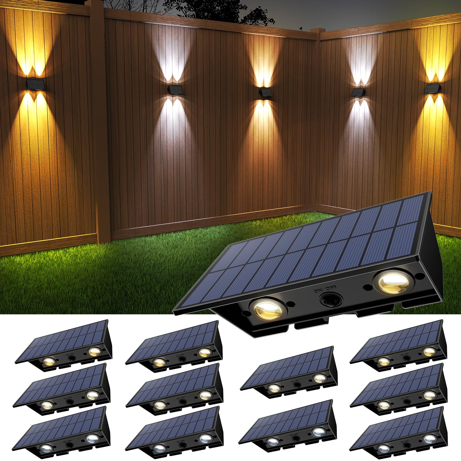 Solar Fence Lights,12Pack Solar Lights Outdoor 2700/4500/6000K 3 Mode Up & Down Solar Wall Lights Waterproof 100 Lumens Solar Po