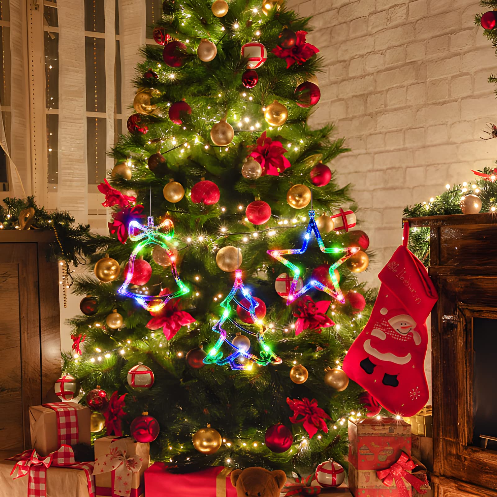 Lyubasa [Timer] 3Pcs Christmas Window Lights Decorations,Battery Powered Christmas Window Hanging Multicolor Lighted Tree Bell Star Shaped Led Sucker For Xmas Tree Fireplace Window Indoor Decor