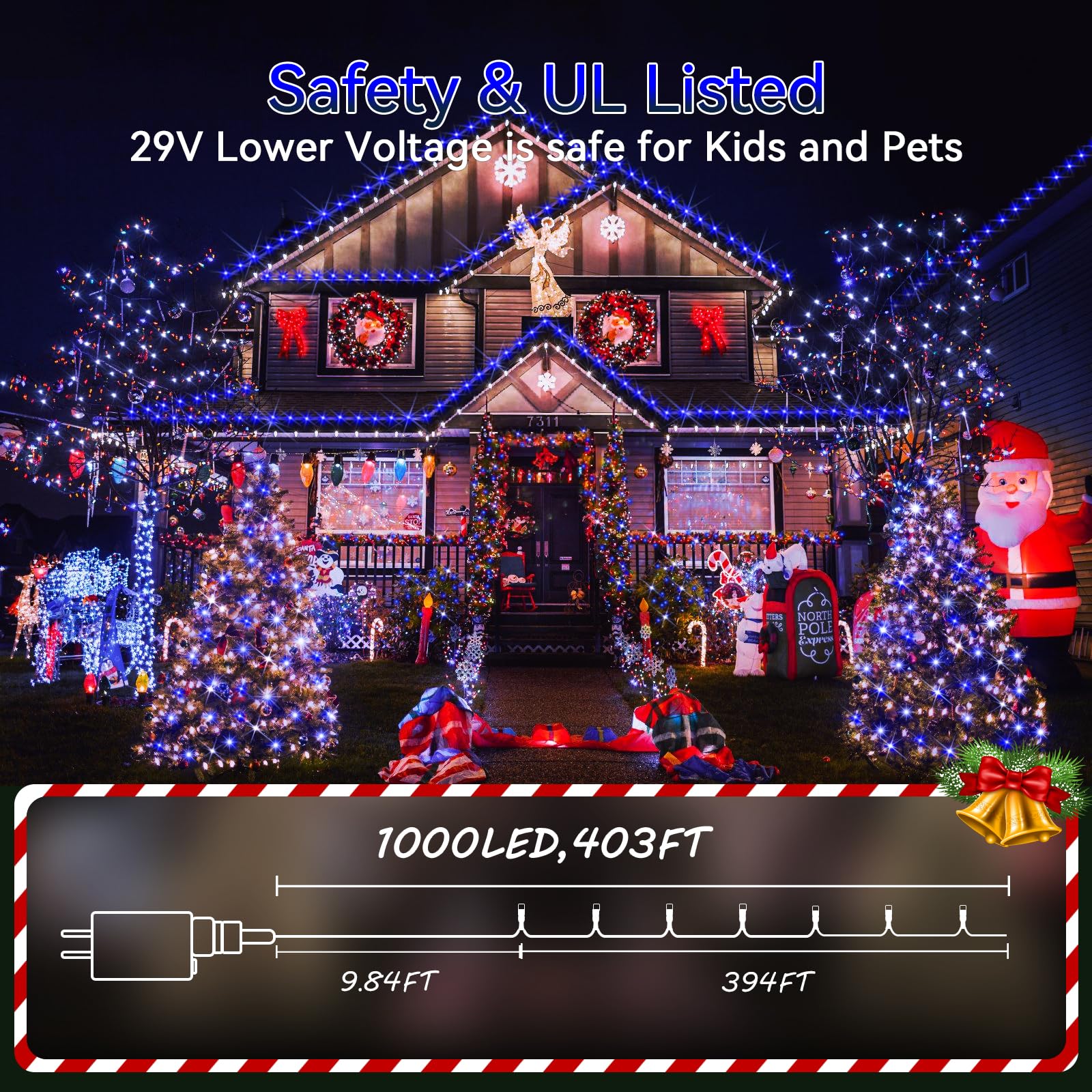 Hezbjiti 1000 LED Christmas String Lights, 394ft Blue Fairy Lights with Remote & Timer for Home, Party, Wedding Decor