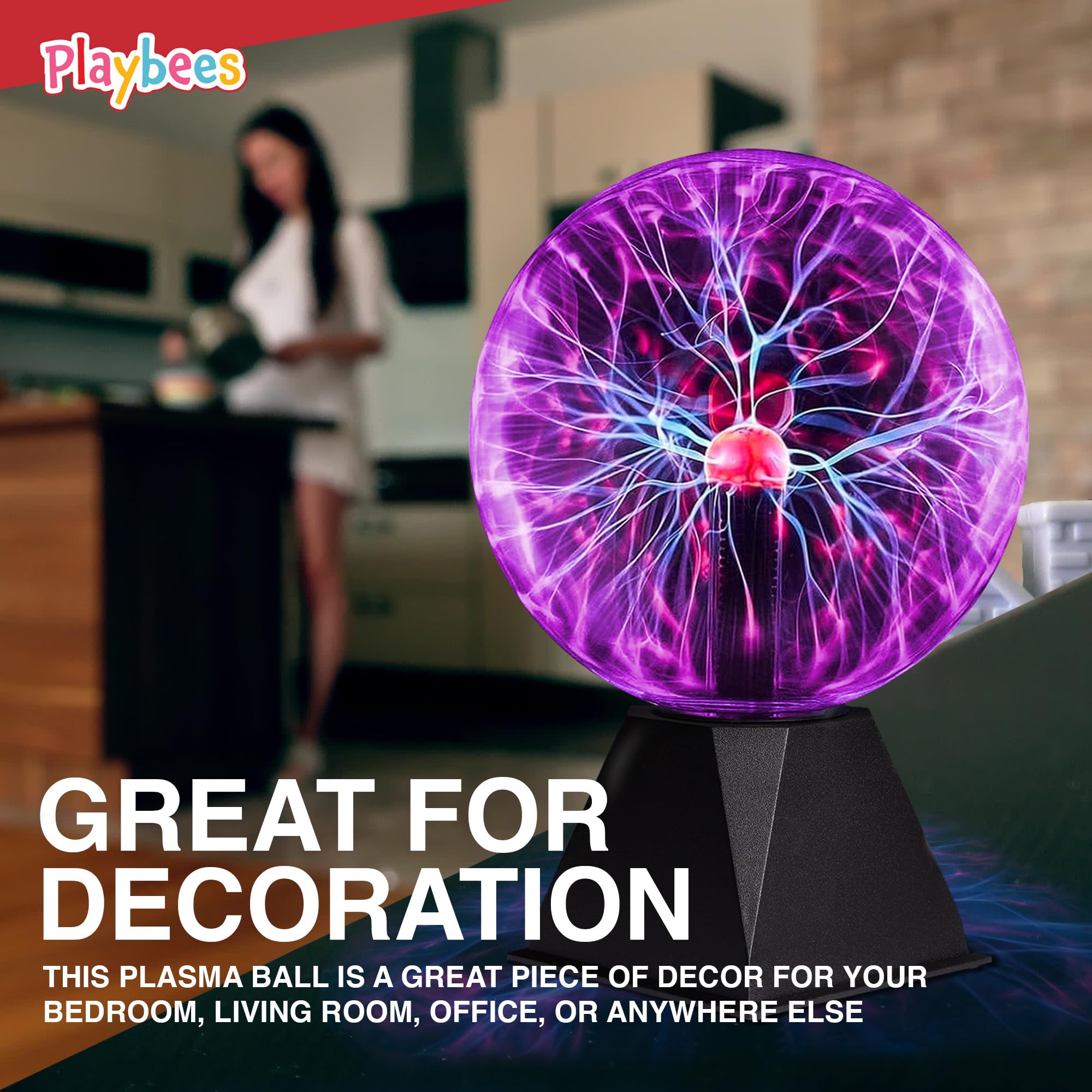 Playbees Colorful Plasma Ball - 7 Inch Glass Globe, Purple Tesla Coil Bulb with Static Electricity - Perfect for Parties & STEM Decor