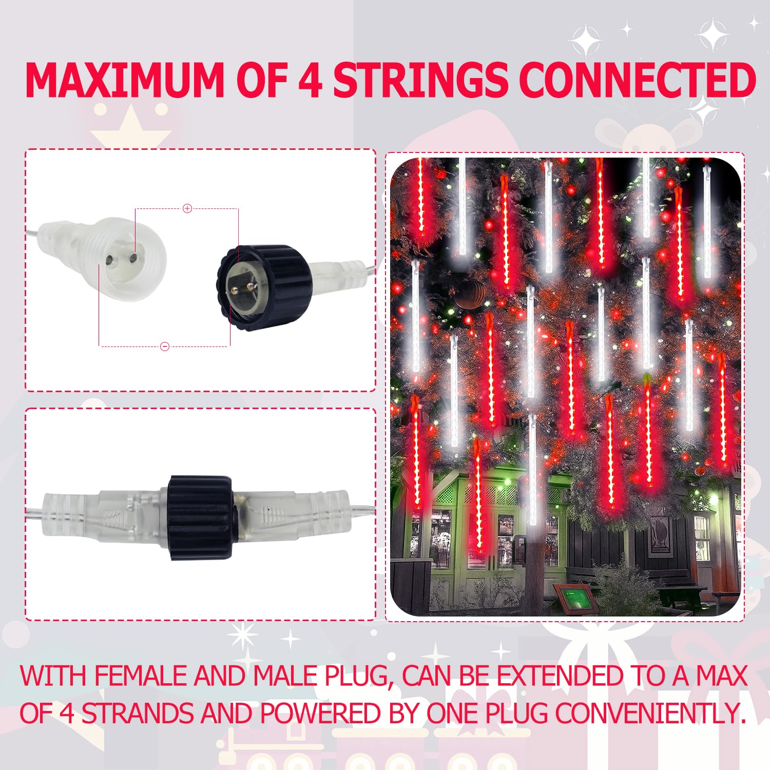 2-Pack Extendable Meteor Shower Christmas Lights Outdoor  16 Tubes 384 Leds Waterproof Falling Rain String Lights  Christmas String Lights Outdoor For Tree Garden Holiday Decorations (Red And White)