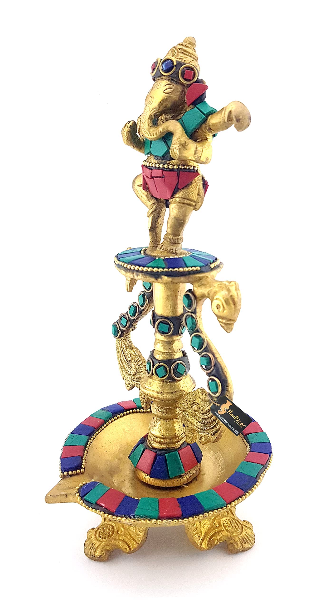 Two Moustaches Dancing Ganesha Gemstone Work Brass Oil Diya, Multicolored, Standard