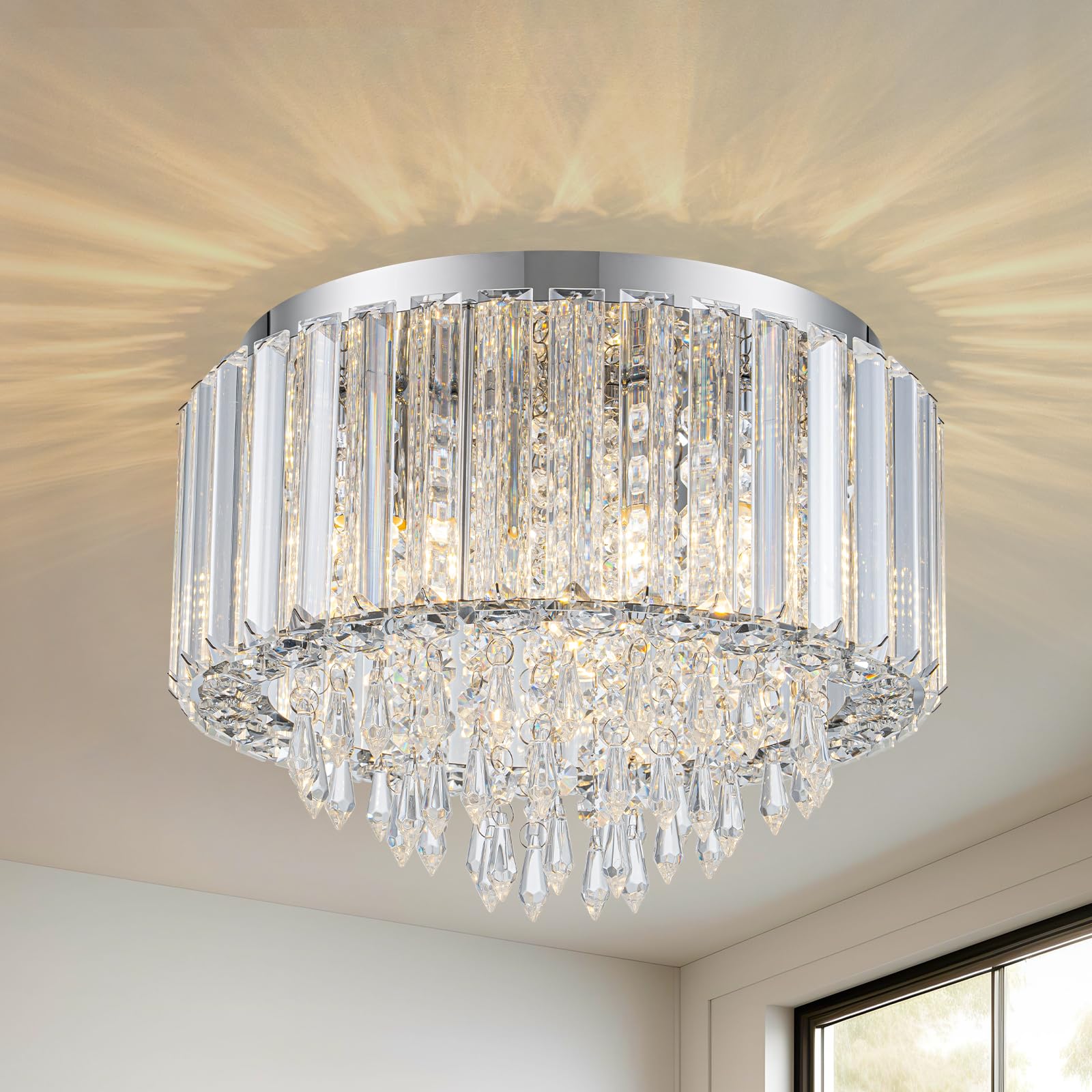 HOPGGIE Crystal Chandelier Light Fixture, 11.8 Inch Semi Flush Mount, Chrome, Model HJ-019 for Bedroom, Hallway, Kitchen
