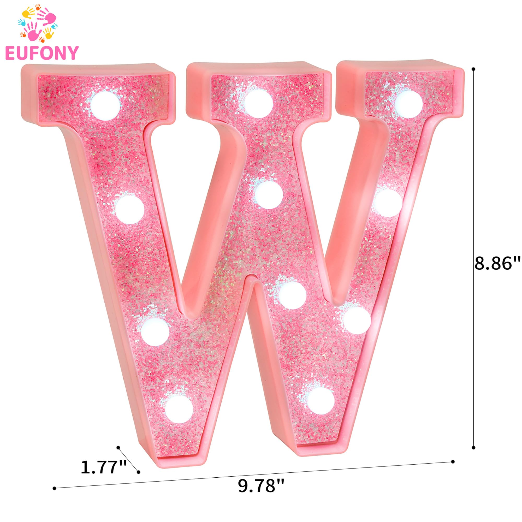 EUFONY Pink Glitter LED Marquee Light Up Letter W with Cool White Lights, Battery-Powered Alphabet Letter Sign for Girls Gift, B