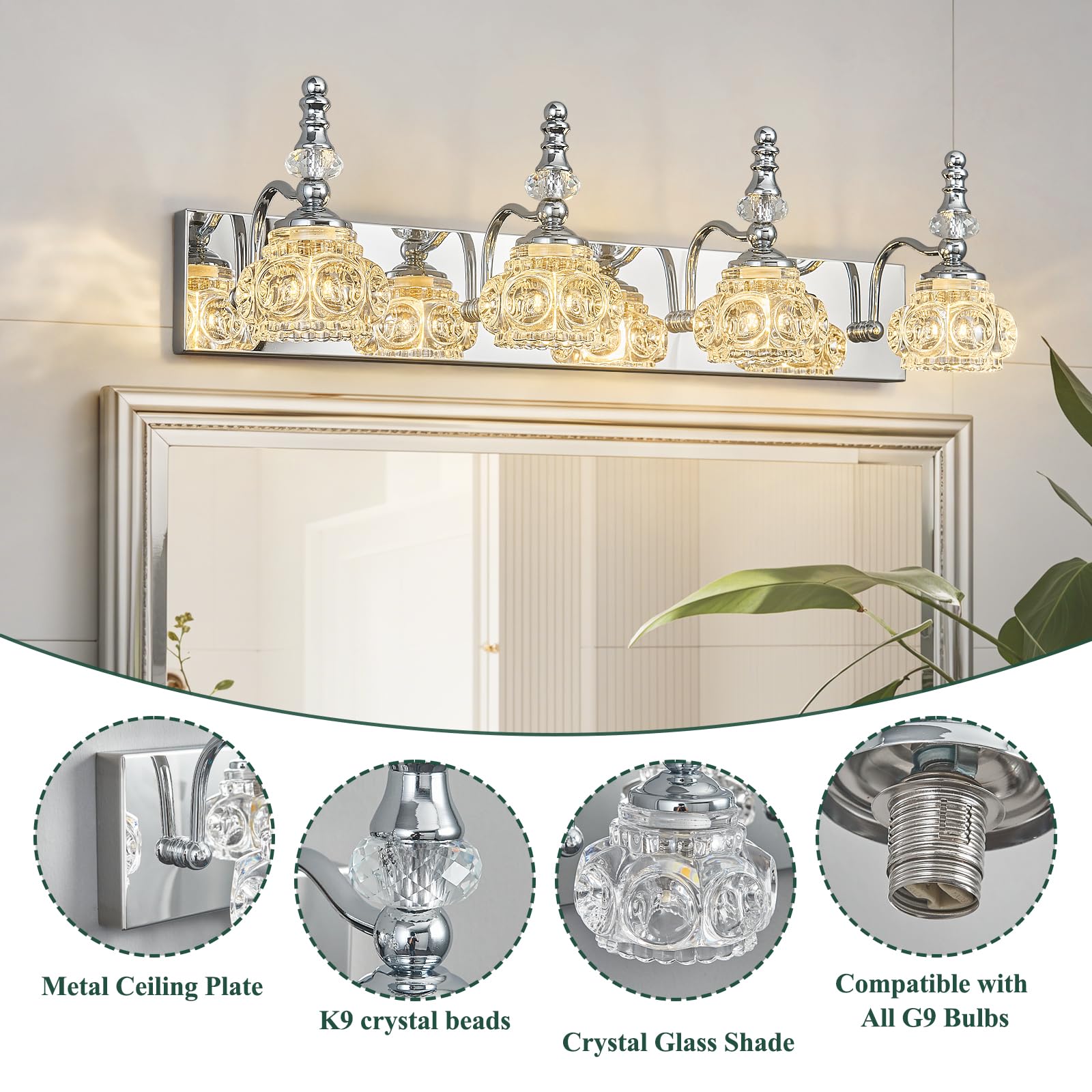 Lbsqj 4-Light Vintage Bathroom Vanity Light Fixture Industrial Chrome With Glass Shade Vanity Light Fixtures Over Mirror Glass Bathroom Vanity Lighting Fixtures G9 Bulb Wall Lights