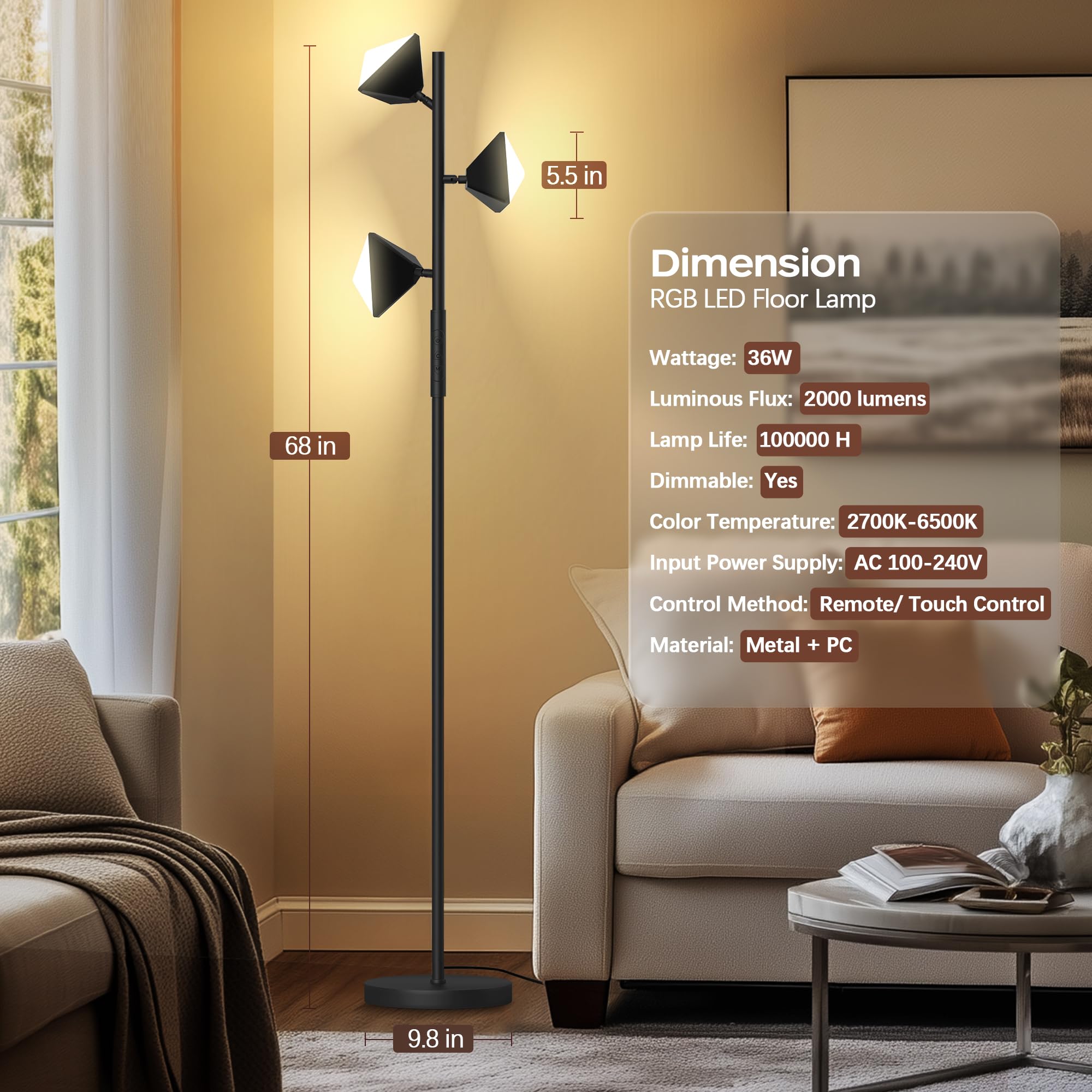 Qimh Rgb Floor Lamp For Living Room, 36W Led Standing Lamp With 3 Lights, Dimmable Smart Lamp With Remote & Touch Control, Color