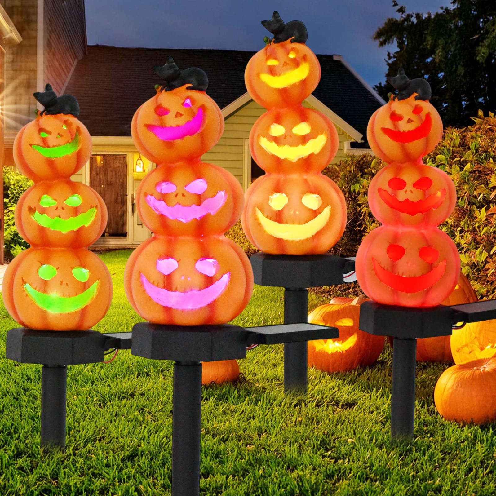 Halloween Pumpkin Decorations Stacked Pumpkin Yard Stakes Solar Pumpkin Lights-Light Up Pumpkin Decor Outdoor 4 Pack 17.5&quot; With Led Bulb For Yard Garden Lawn Decor