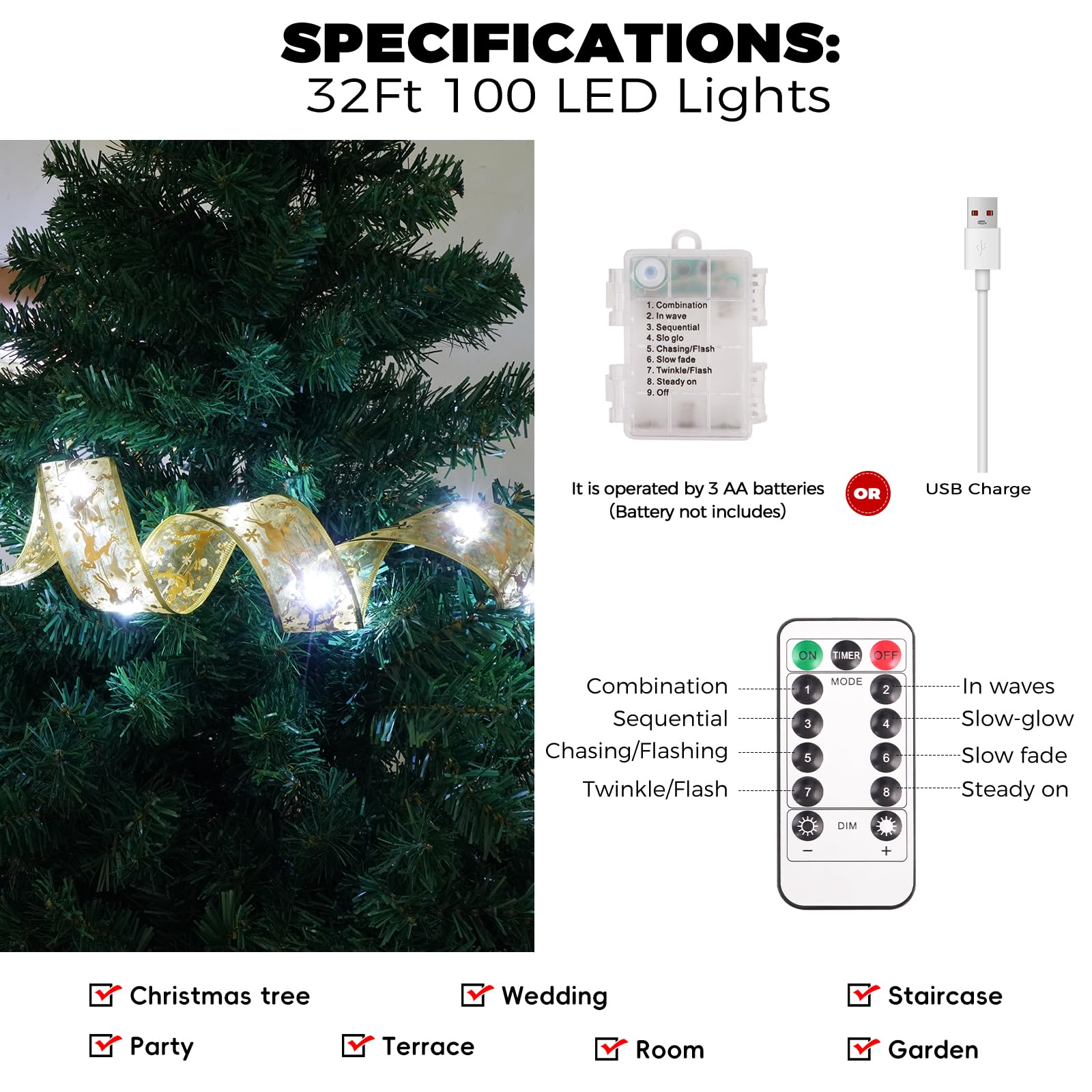 KPROE Christmas Tree Decorations, 32Ft 100 LED Christmas Tree Copper Wire Ribbon Bows Lights with 8 Lighting Modes, Battery Oper