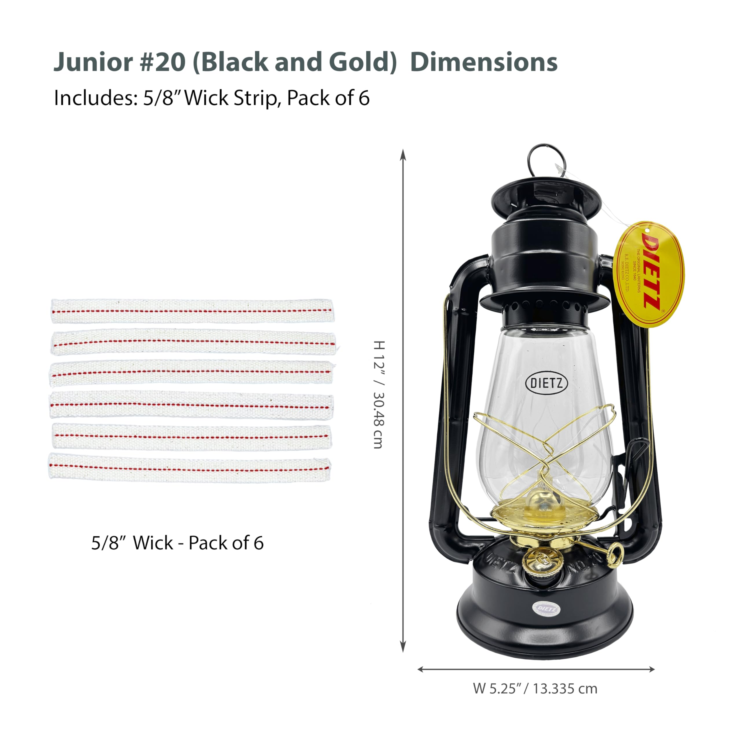Light of Mine - Dietz #20 Junior Black with Gold Oil Lantern with 100% Cotton 5/8 Replacement Wick Strips (Black and Gold)
