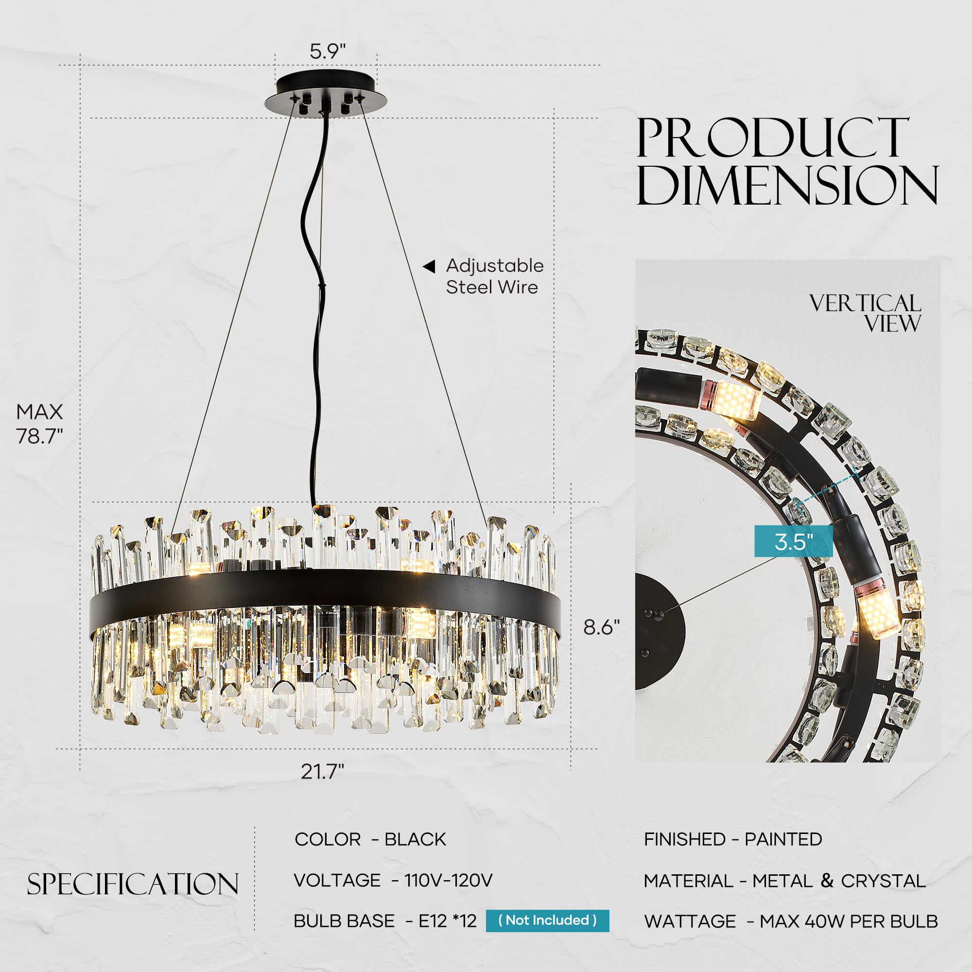 Lighceac 21.7 Black Modern Crystal Chandelier Light Fixtures stylish 2 Ring Crystal Chandeliers For Dining Room 12-Light Round Hanging Pendant Lighting For Living Room Kitchen Island Entryway Bedroom