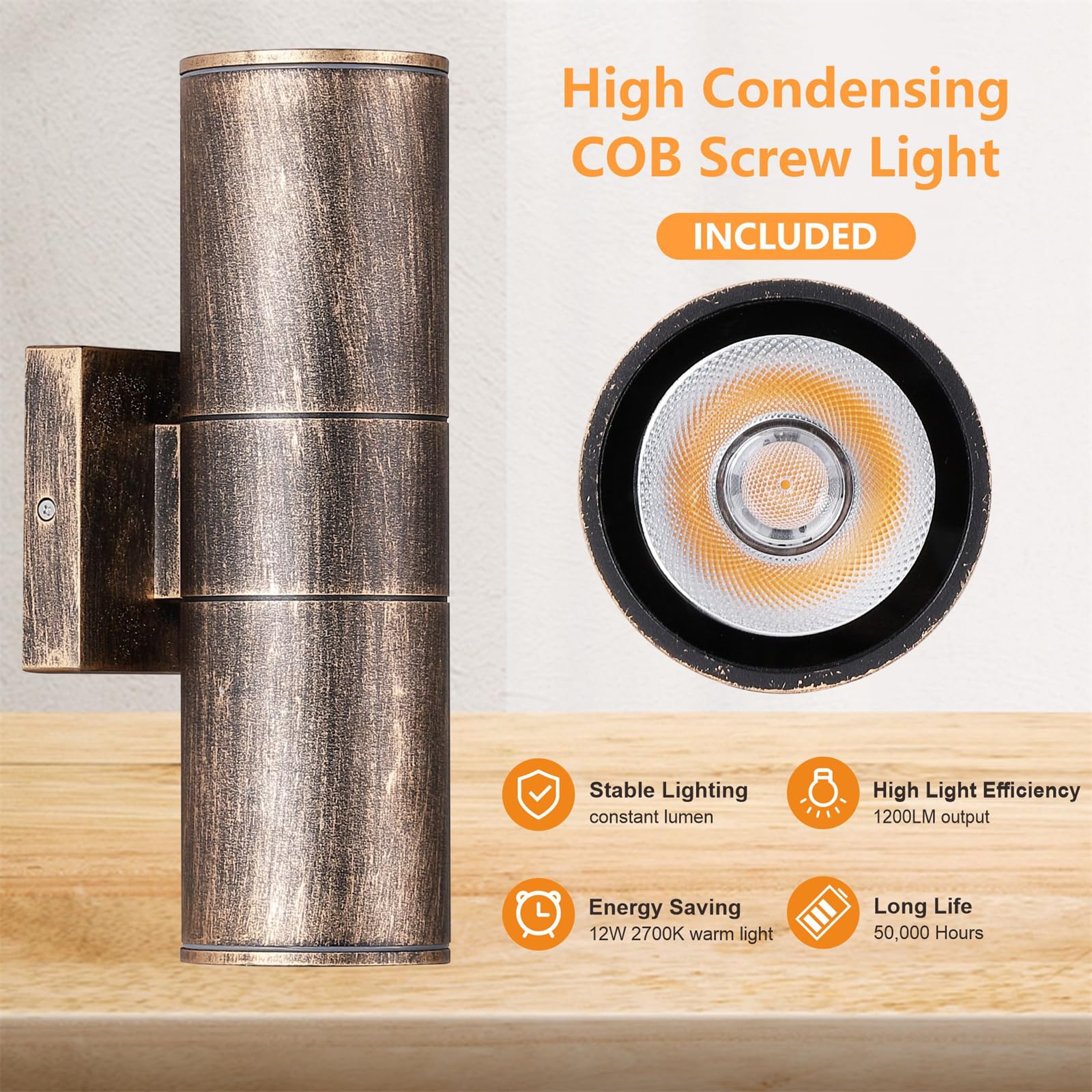 DAKAFUL Outdoor Wall Lights, 12W Integrated LED, Up Down Design, 2 Packs, Bronze