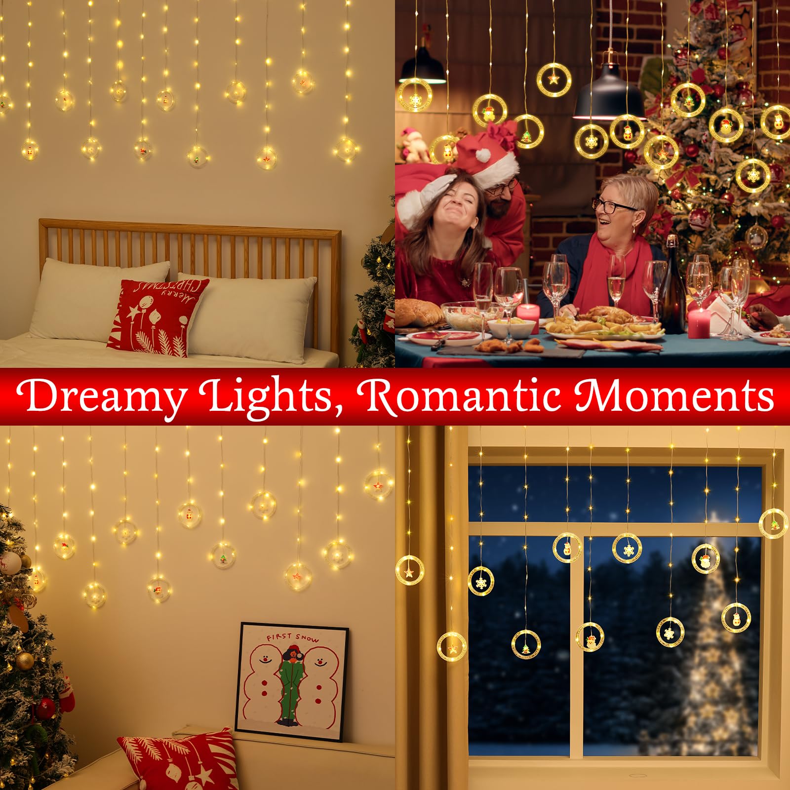 Lewondr 138 Led Christmas Curtain Lights, Santa Christmas Tree Star Heart Hanging Home Lights With 6H Timer & 8 Modes, Remote & Usb Powered Fairy Lights, Xmas Decor For Home Party Indoor, Warm Light