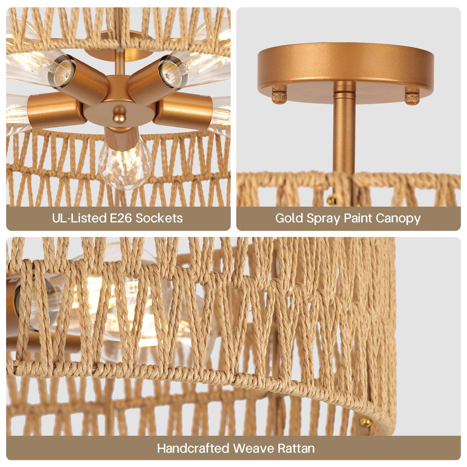 Clarsyne 24    Boho Hand-Woven Rattan Wicker Ceiling Light, Large Semi Flush Mount Chandelier Fixture, Rustic Lighting For Livin