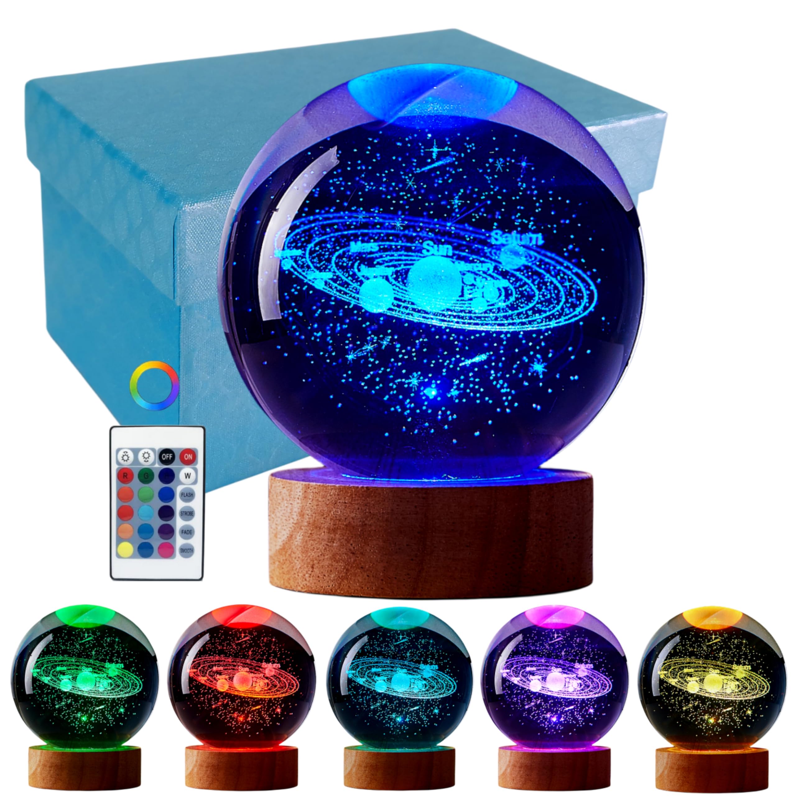 3D Solar System Crystal Ball Lamp, Upgraded 3.15 Inch Galaxy Crystal Ball Night Light with 16 Colors LED Wooden Base, Remote Con