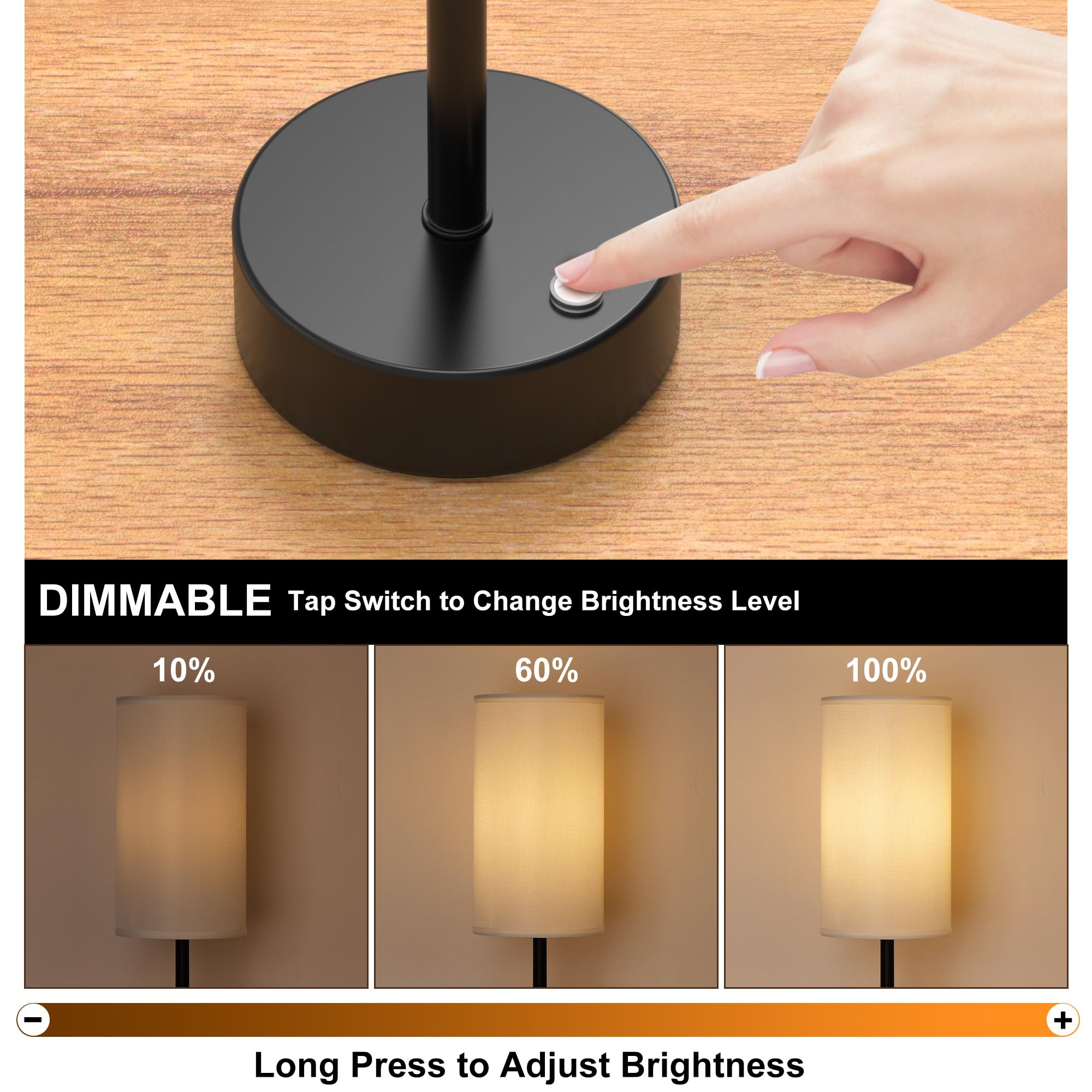 ROTTOGOON Cordless Table Lamp Touch Control Dimmable Rechargeable Metal Bedside Lamp Black