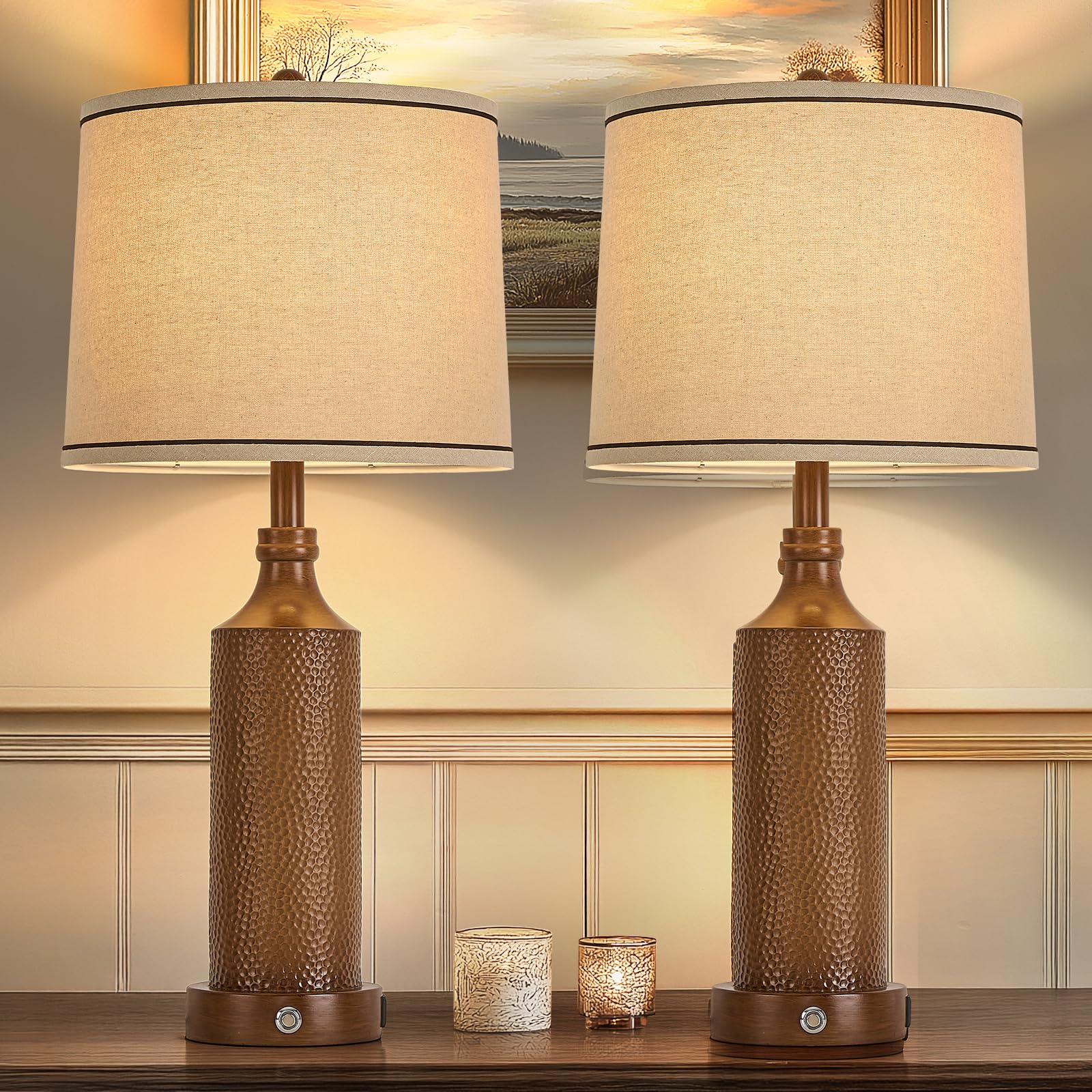 Aidenoey 27.5'' H 3-Way Dimmable Touch Control Table Lamp With Usb A+C Ports, Vintage Walnut Finish Resin Bedside Farmhouse Tabl