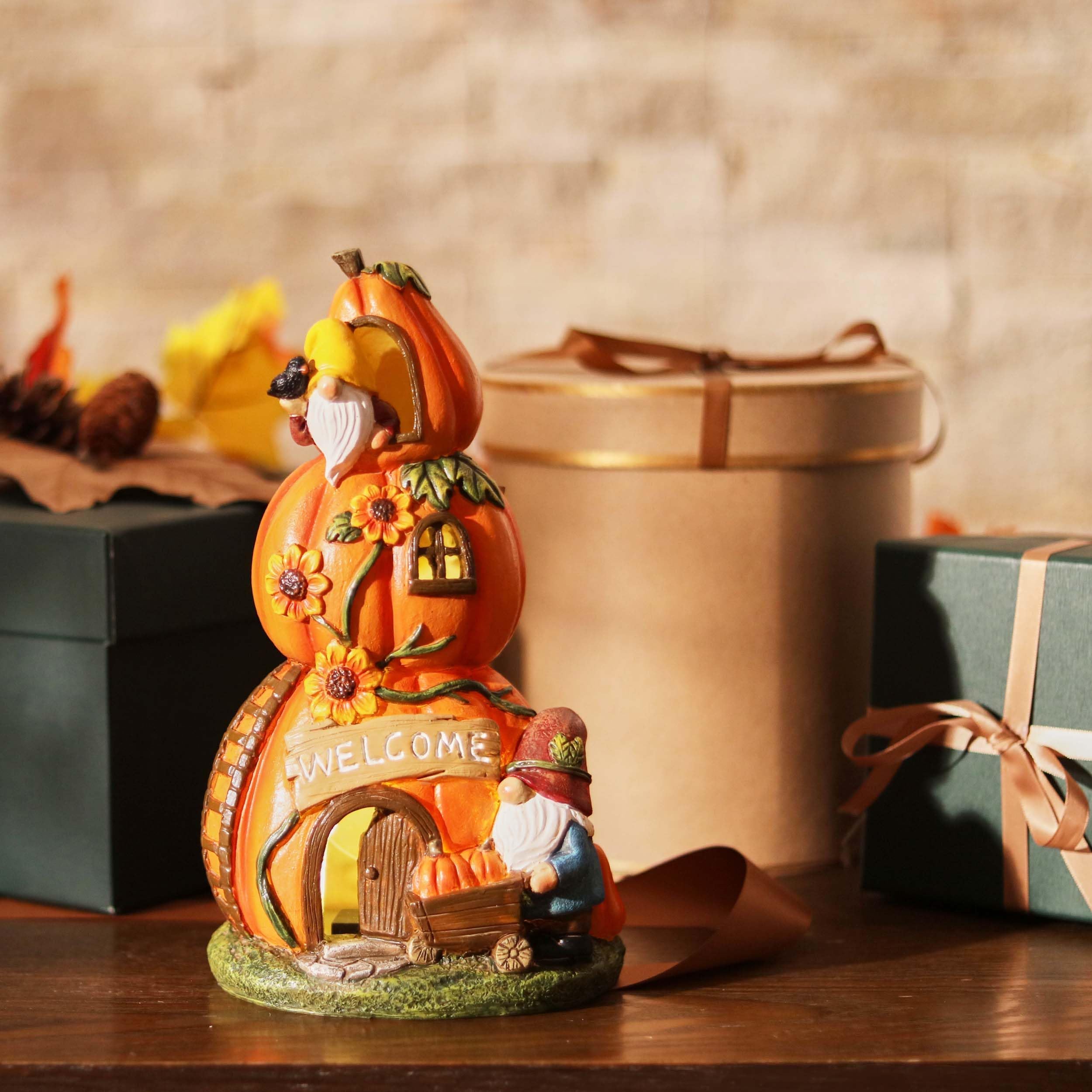 Teresa'S Collections Outdoor Solar Pumpkin Decor - Resin Fairy Garden Gnomes For Fall & Thanksgiving