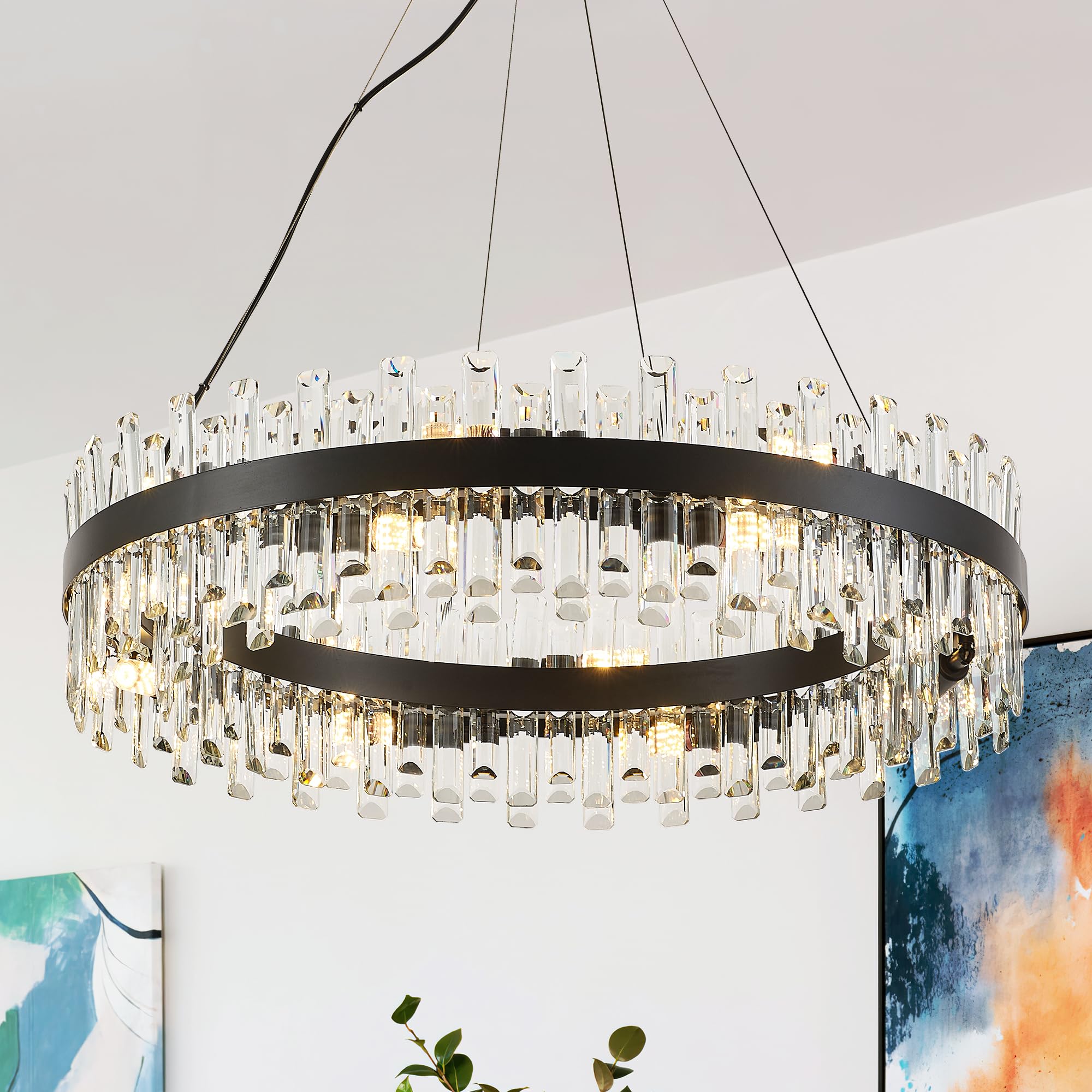 lighceac 31.9" Black Crystal Chandelier Light Fixtures, 16-Light Modern Pendant for Dining Room, Kitchen, Entryway, Model LX-2409-16B