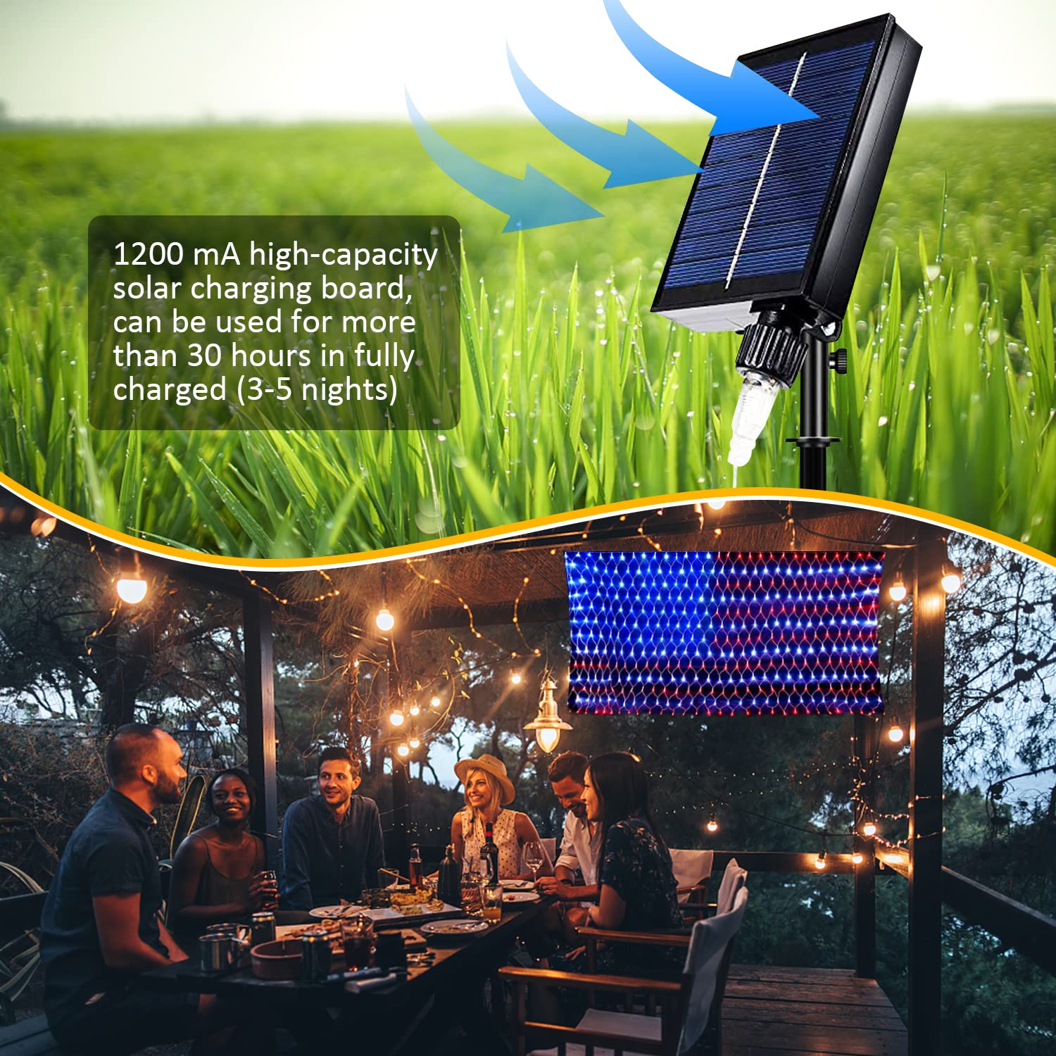Funiao (Upgraded) 2-In-1 Plug-In & Solar Powered American Flag Lights, 420 Led Flag Net Lights, Waterproof Patriotic Lights For