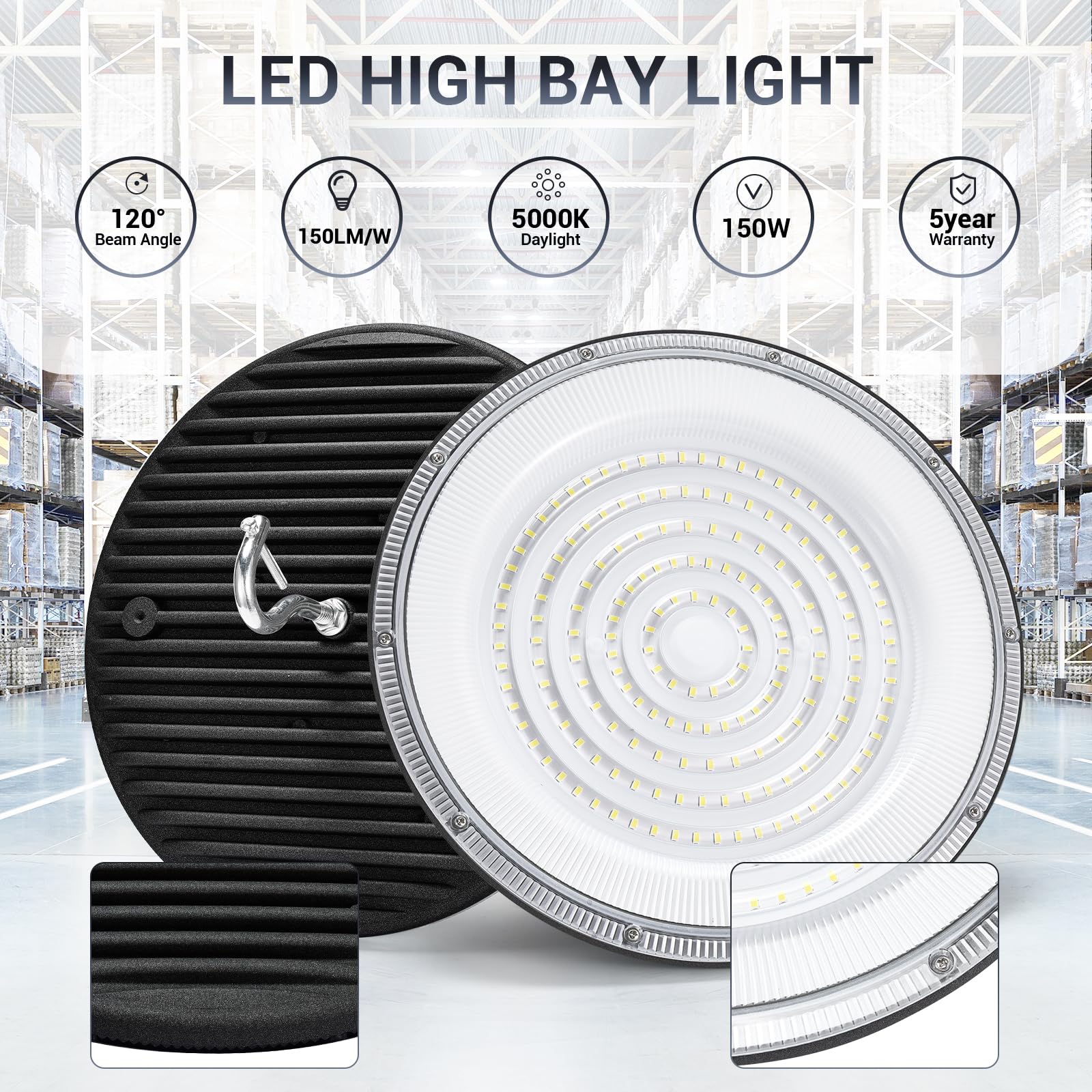 XYCN 150W UFO LED High Bay Light 21050LM IP66 Waterproof Gray 6 Pack 5000K for Warehouse/Shop/Gym/Factory