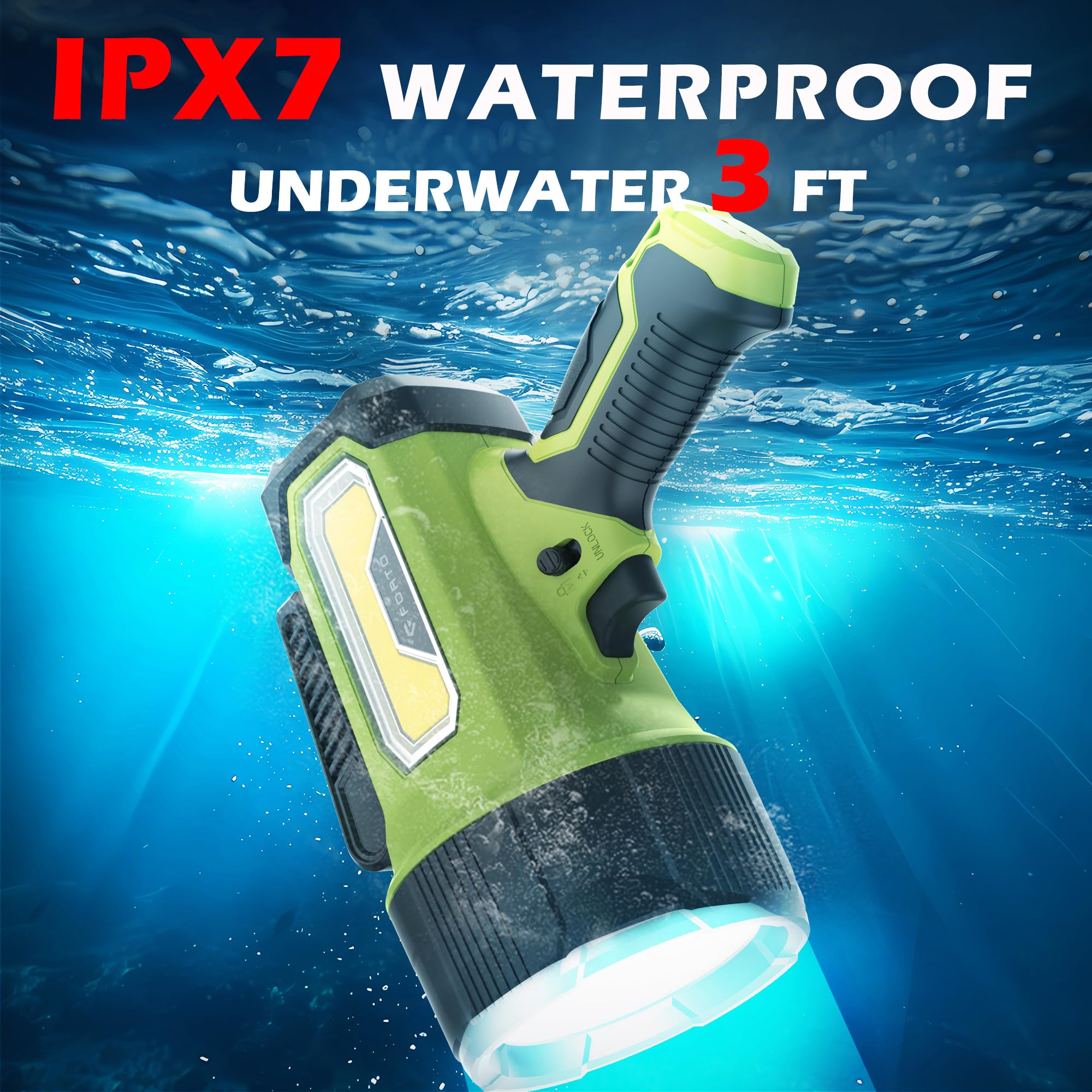 Forto Rechargeable Spotlight Flashlight With 2000 Lumens, Handheld Spotlight With Foldable Stand, 6 Light Modes Ipx7 Waterproof Led Spot Lights Outdoor For Boating Hunting Hiking(Green)