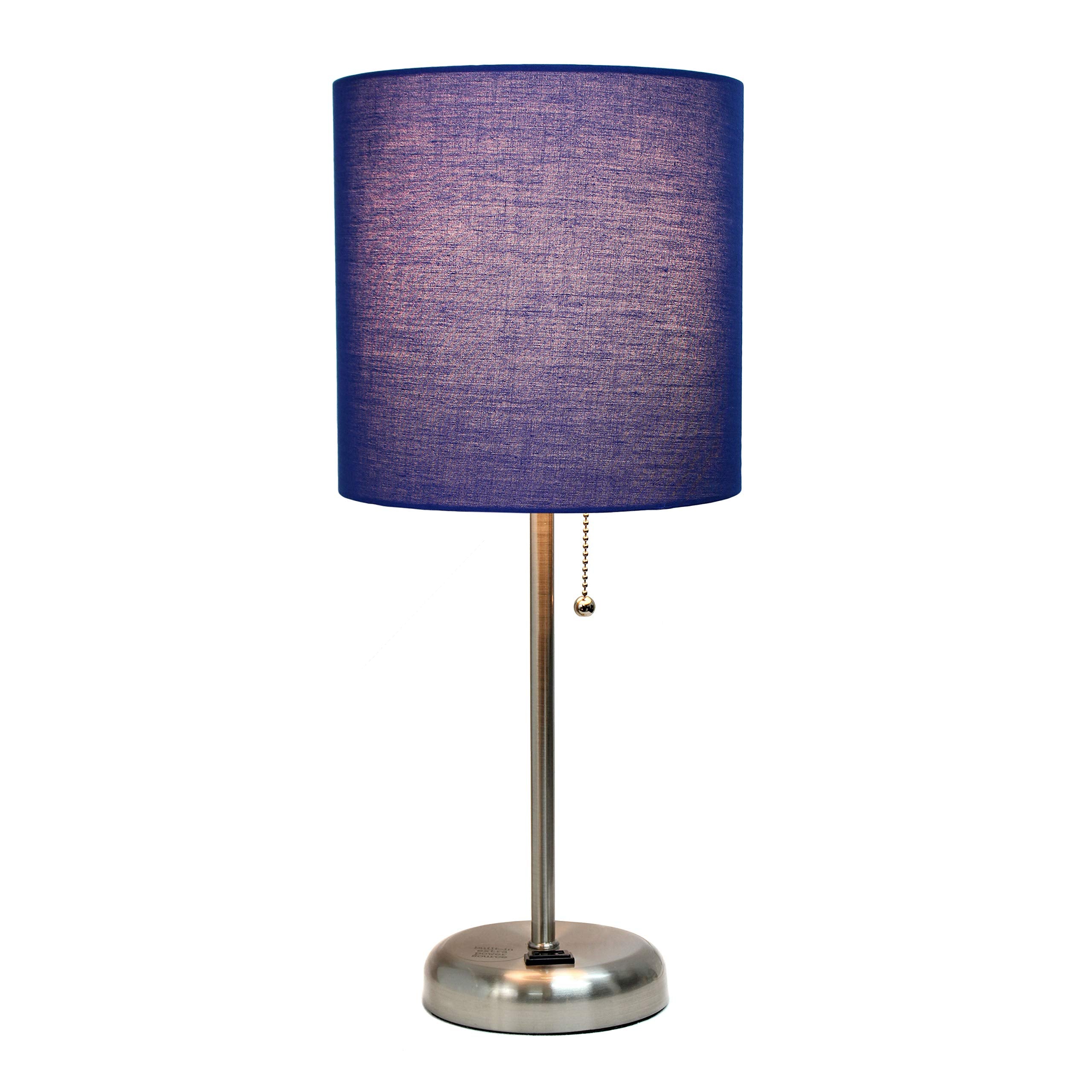 Simple Designs Lt2024-Nav Brushed Steel Stick Table Desk Lamp With Charging Outlet And Drum Fabric Shade, Navy Blue Shade