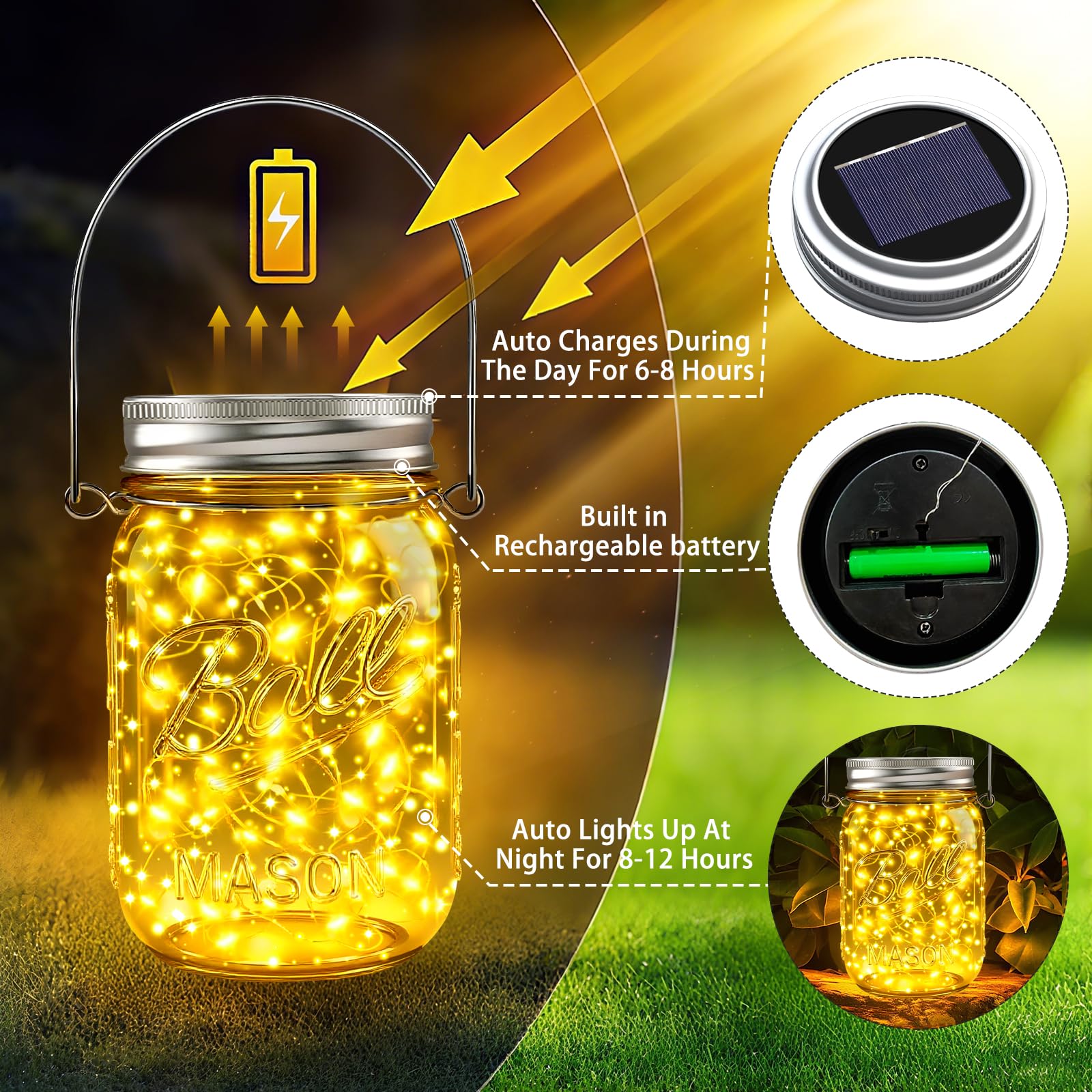 Znycye Mason Jar Solar Lights For Outside, 6 Pack 30 Led Fairy Lights Mason Jar Solar Lids Outdoor Waterproof String Lights With