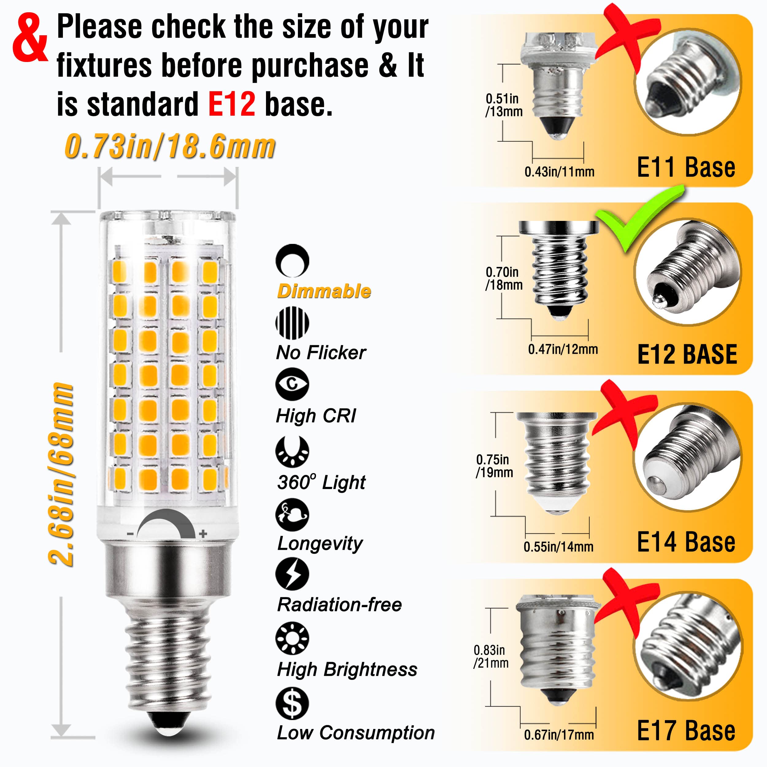 Alide E12 60 Watt C7 Dimmable Led Candelabra Bulbs Replacement, Warm White 2700K T6 110V 120V Small Base E12 Led Bulbs 6W For Ce