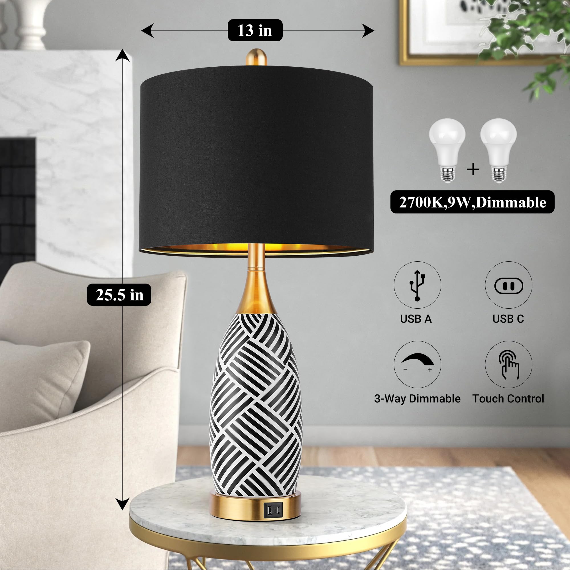 WIHTU 25.5 Black and Gold Touch Control Table Lamp, 3-Way Dimmable Ceramic with USB & Type-C Ports, Ideal for Bedroom & Office
