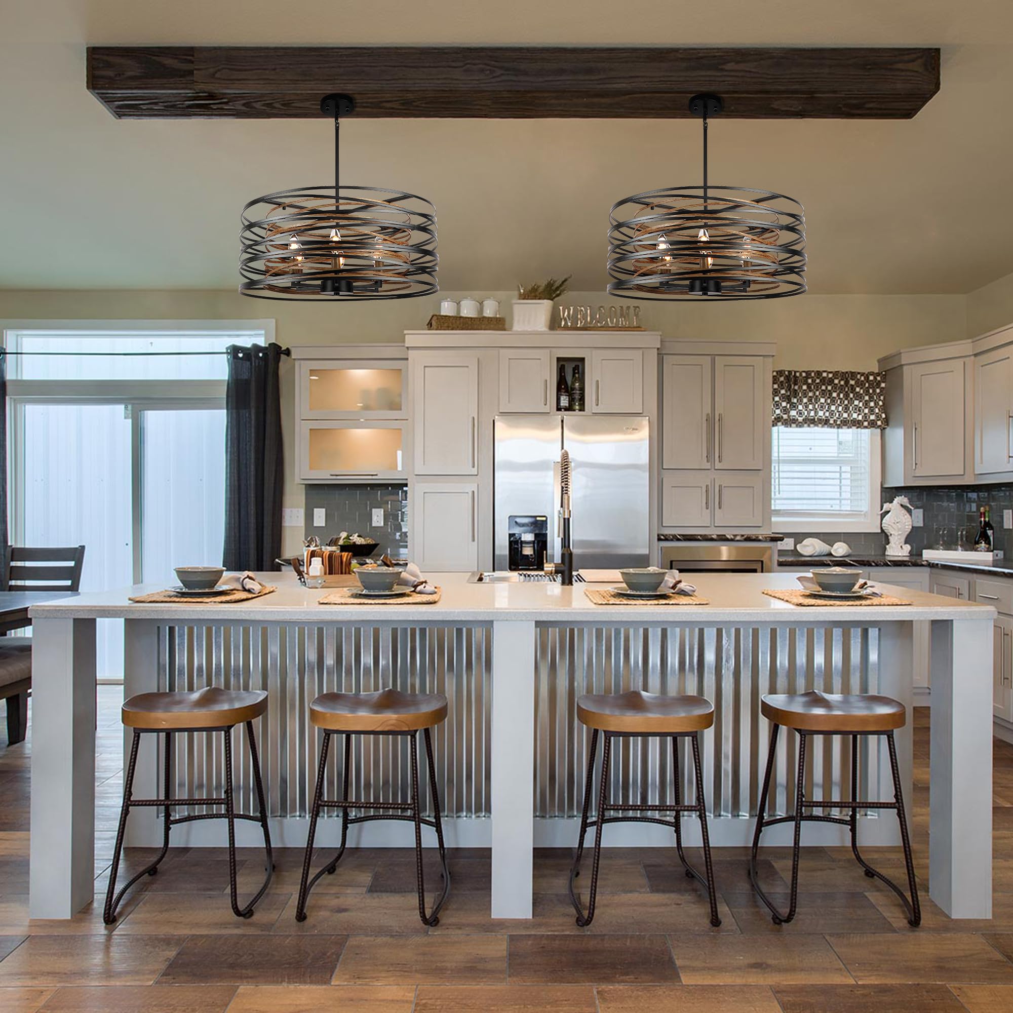 Acnktz 23.6'' Rustic Large Drum Chandeliers For Dining Room, 6-Light Modern Farmhouse Lighting For Kitchen Island, Retro Round E